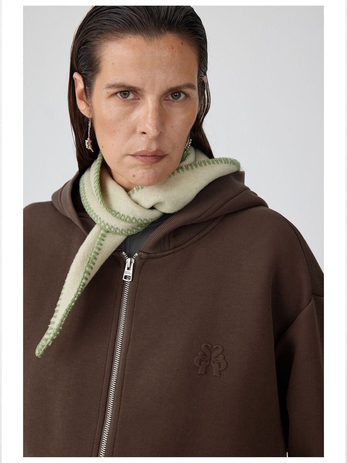 Simple Project Air Layer Zip Up Hoodie in Brown - On Female Model