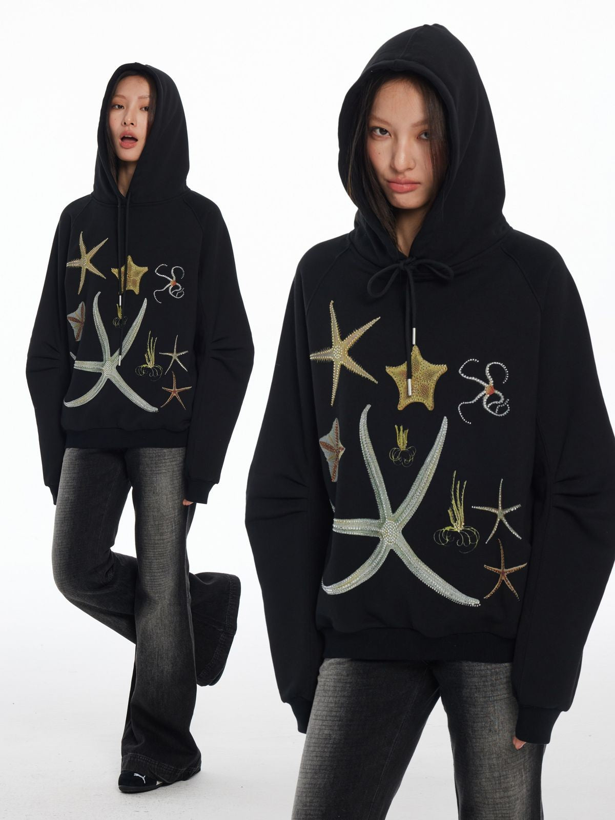 THELIGHT OFFICIAL Starfish Embroidered Fleece Hoodie in Black - On Model