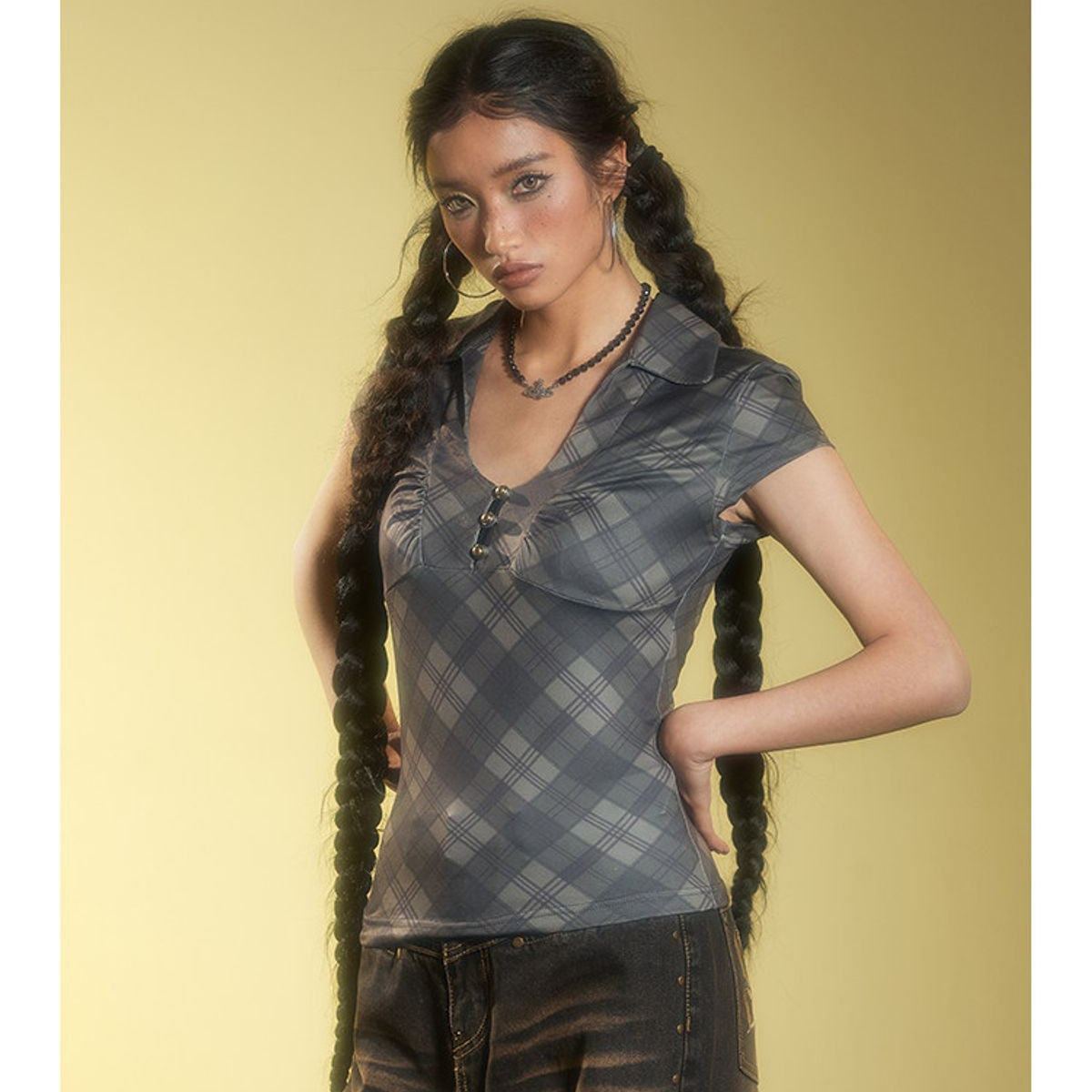 BeerBro Plaid V Neck Collared Top in Gray - On Model