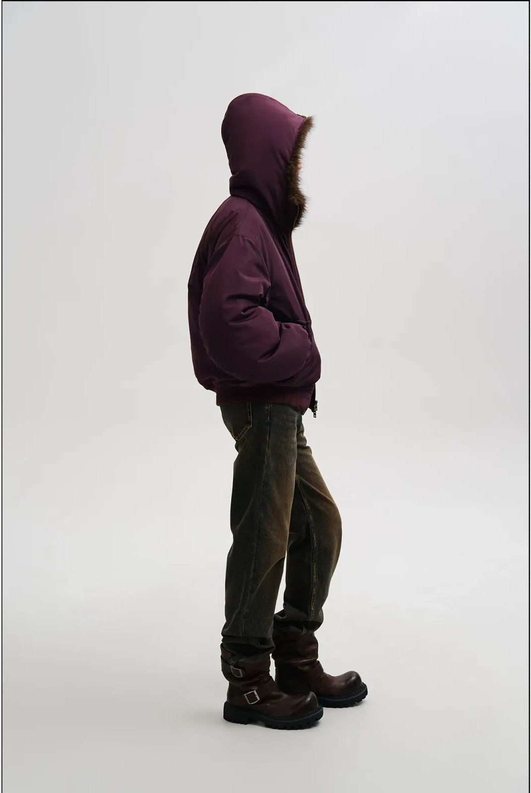 MASONPRINCE Faux Fur Hooded Puffer Bomber in Burgundy - On Model