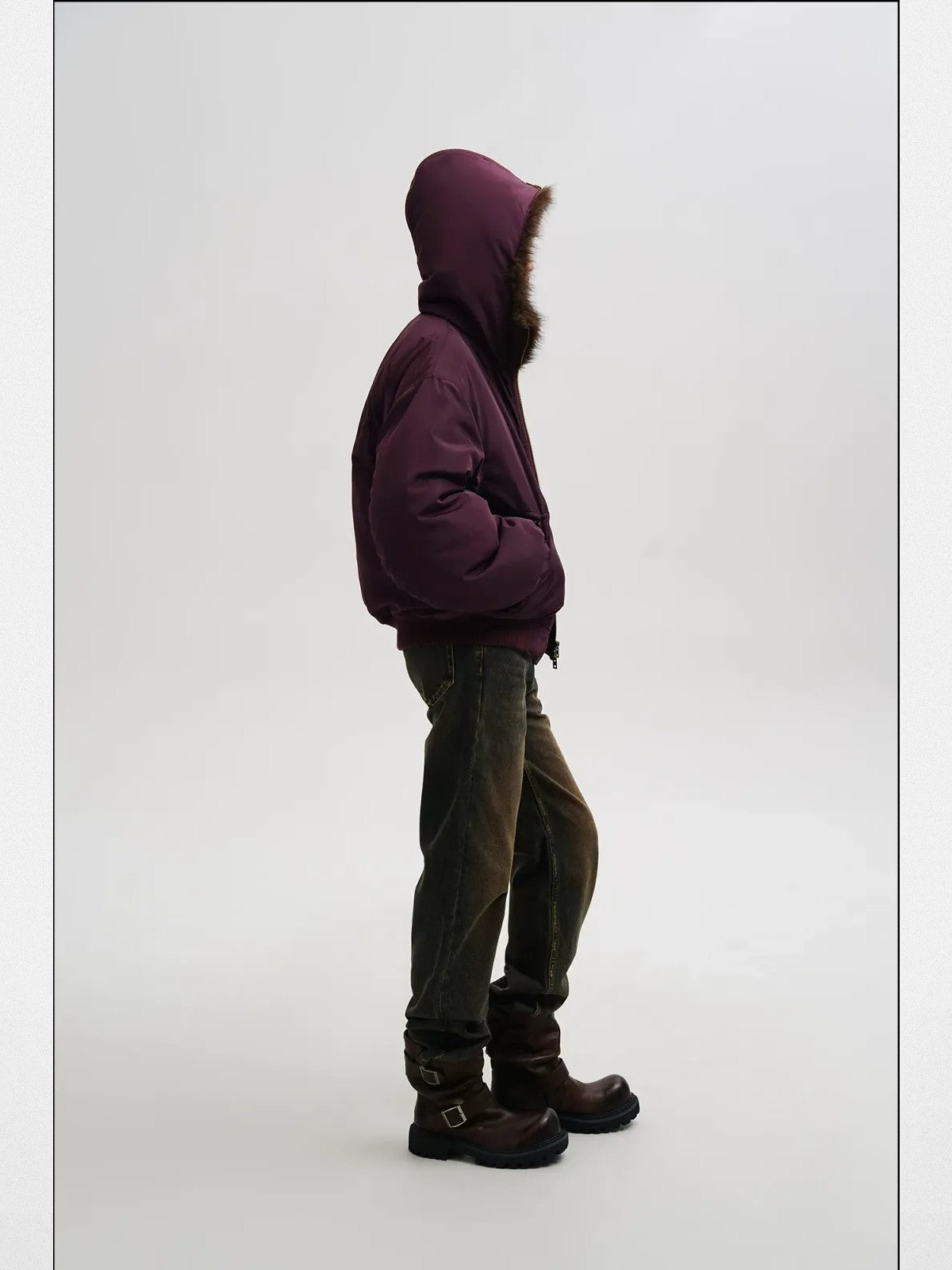 MASONPRINCE Faux Fur Hooded Puffer Bomber in Burgundy - On Male Model