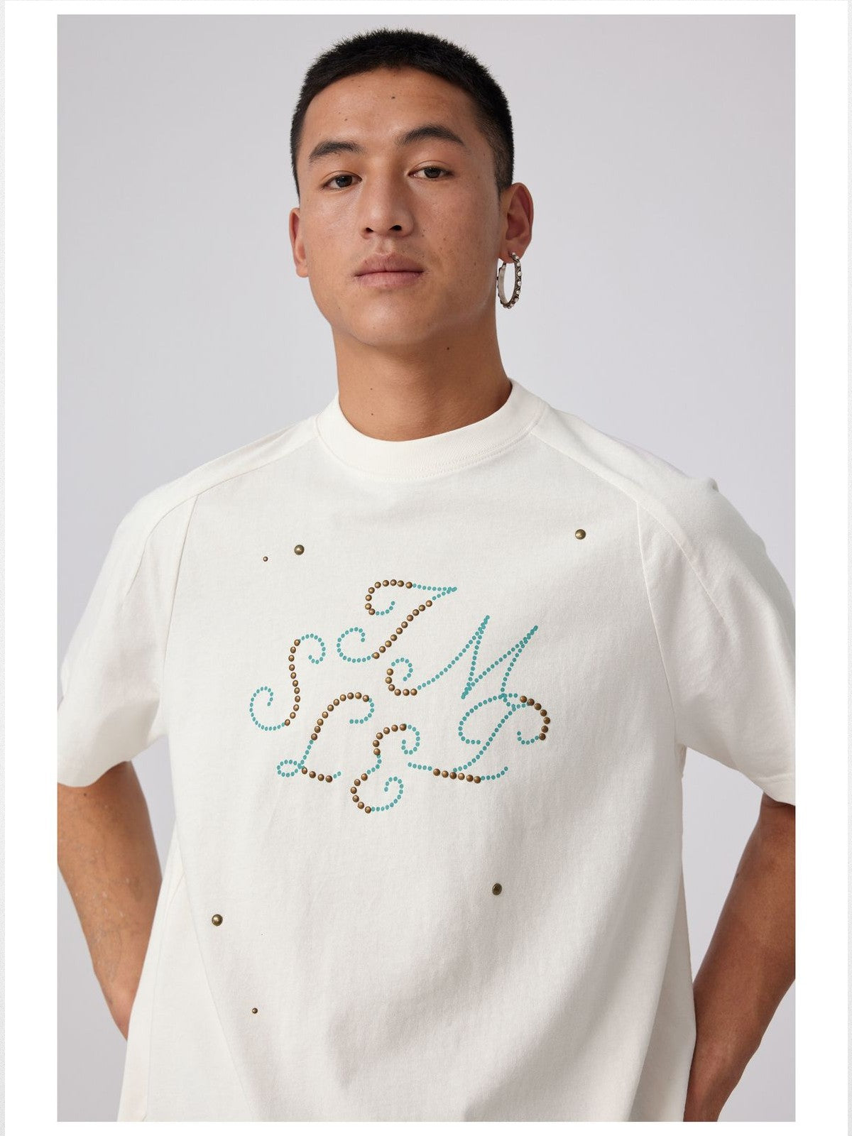 Simple Project Studded Script Logo T Shirt in White - On Male Model
