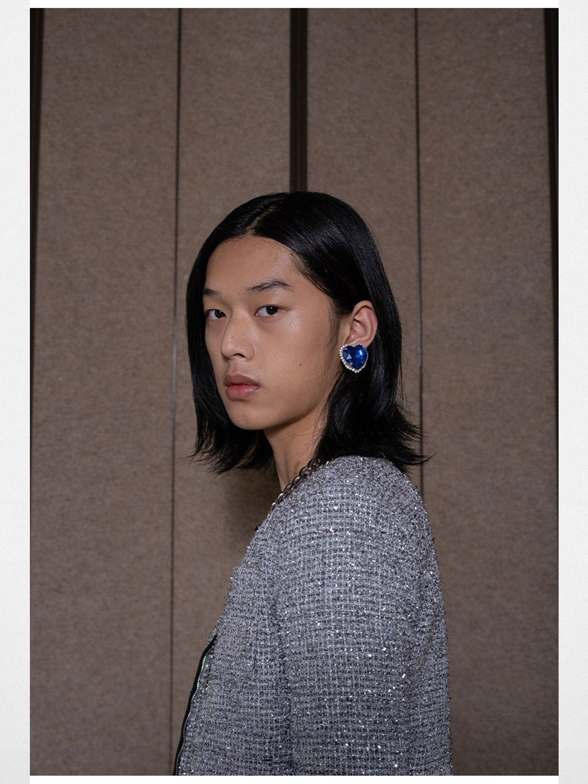 RARELY ALIKE Silver Sequin Tweed Cropped Jacket in Silver - On Model