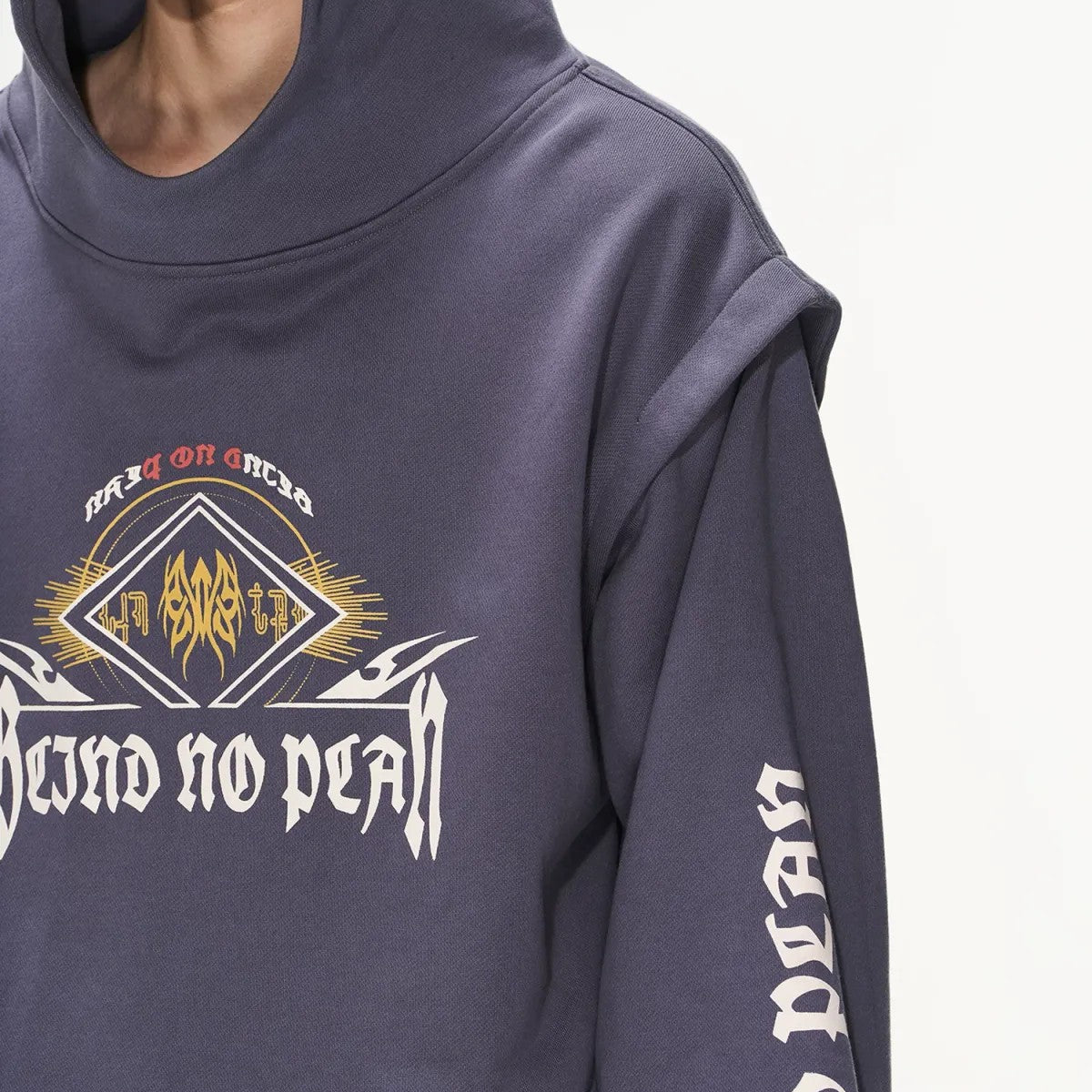 BLINDNOPLAN Faux Two Piece Graphic Hoodie in Navy Blue - Detail