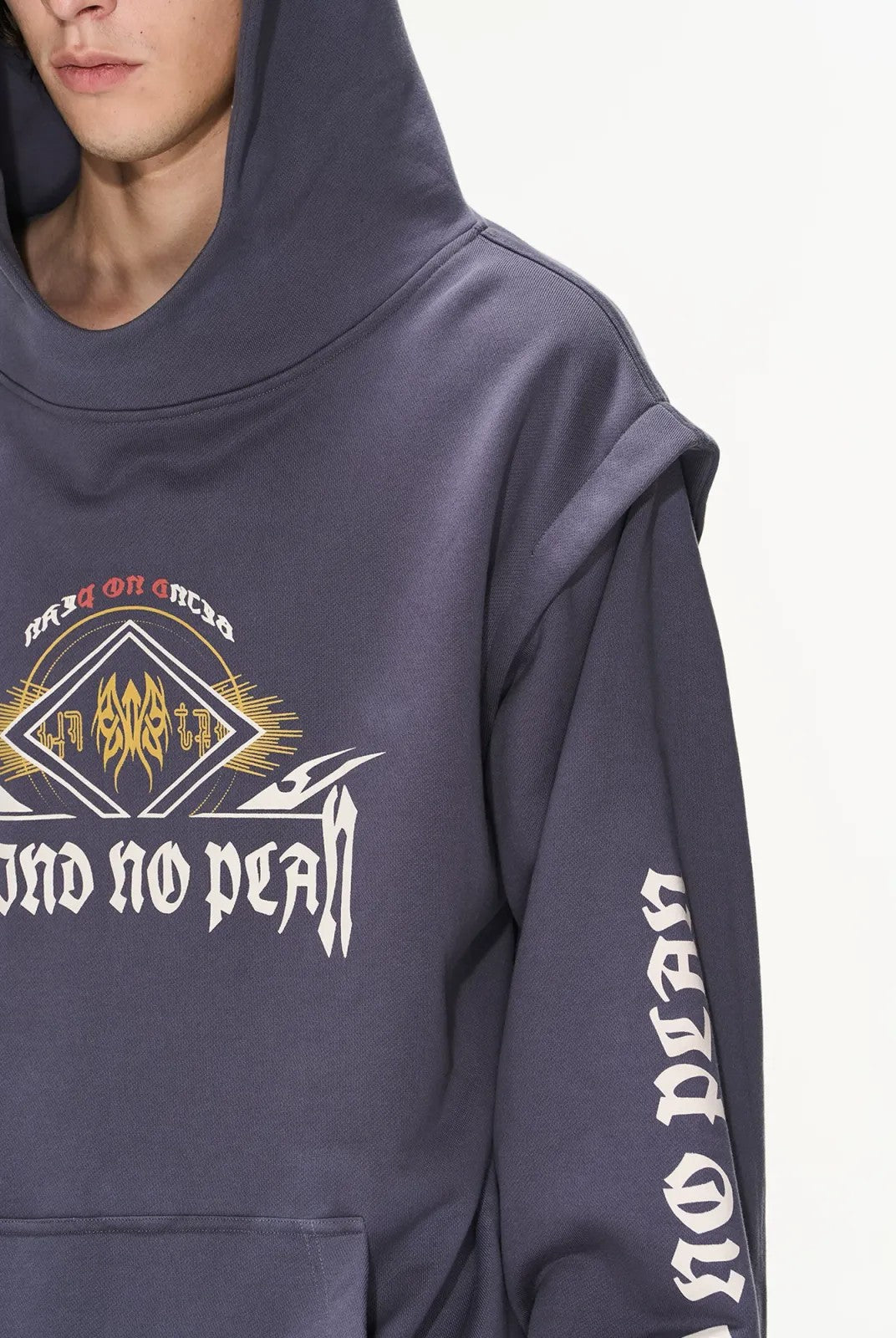 BLINDNOPLAN Faux Two Piece Graphic Hoodie in Navy Blue - Detail