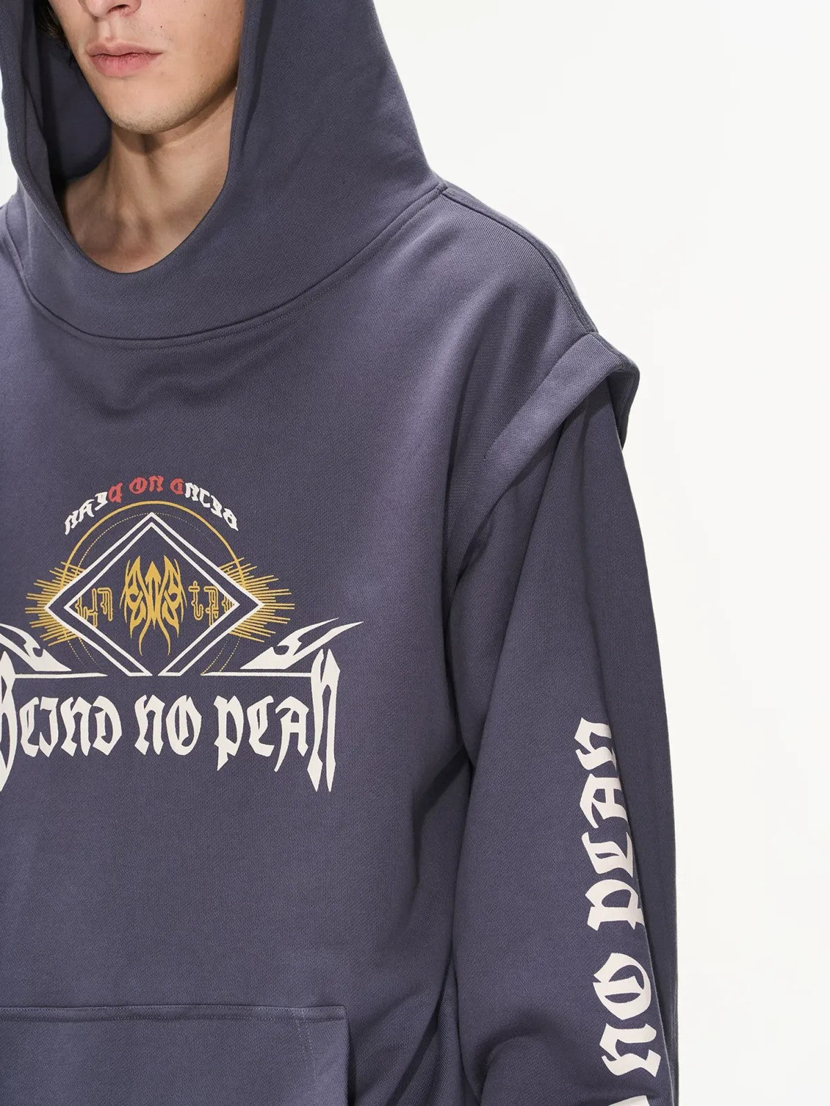 BLINDNOPLAN Faux Two Piece Graphic Hoodie in Navy Blue - Detail