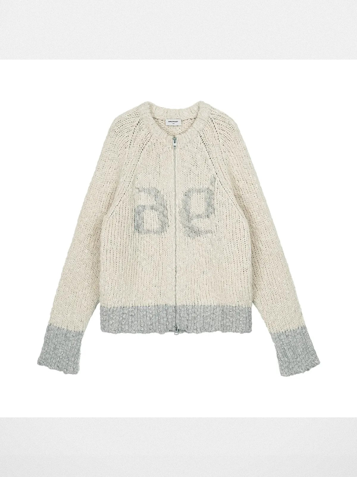 Simple Project Color Block Wool Blend Zip Cardigan in Beige