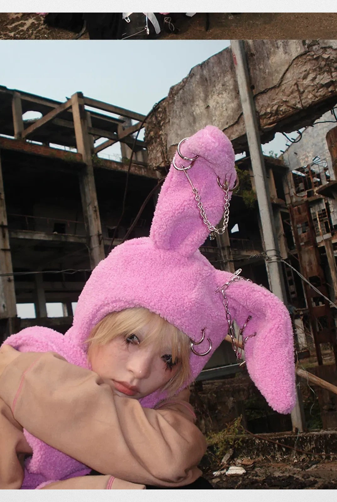 CFIERCE Plush Bunny Scarf Hat in Pink - On Model