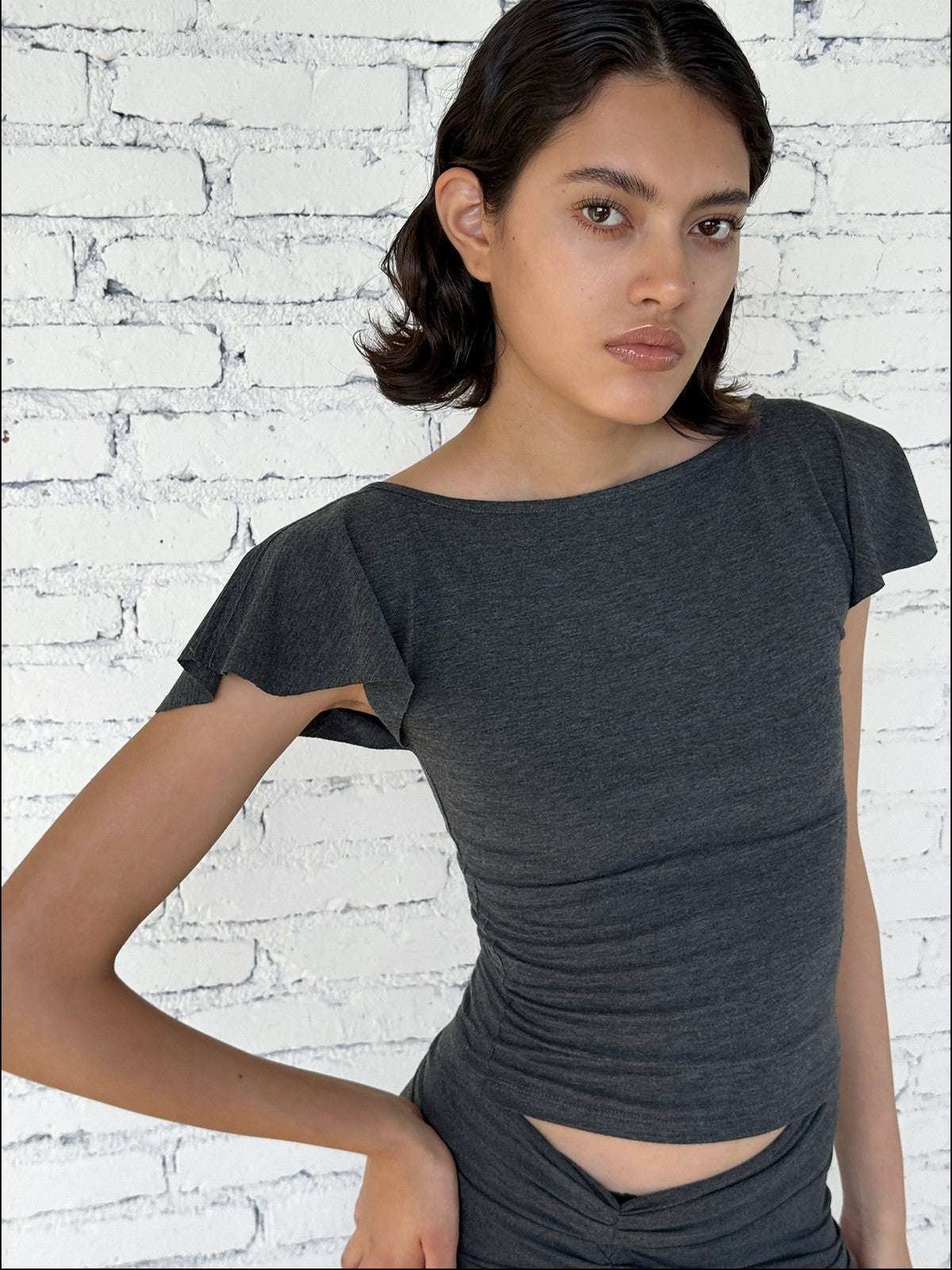 FaxCopyExpress Flutter Sleeve Open Back Top in Gray - On Model