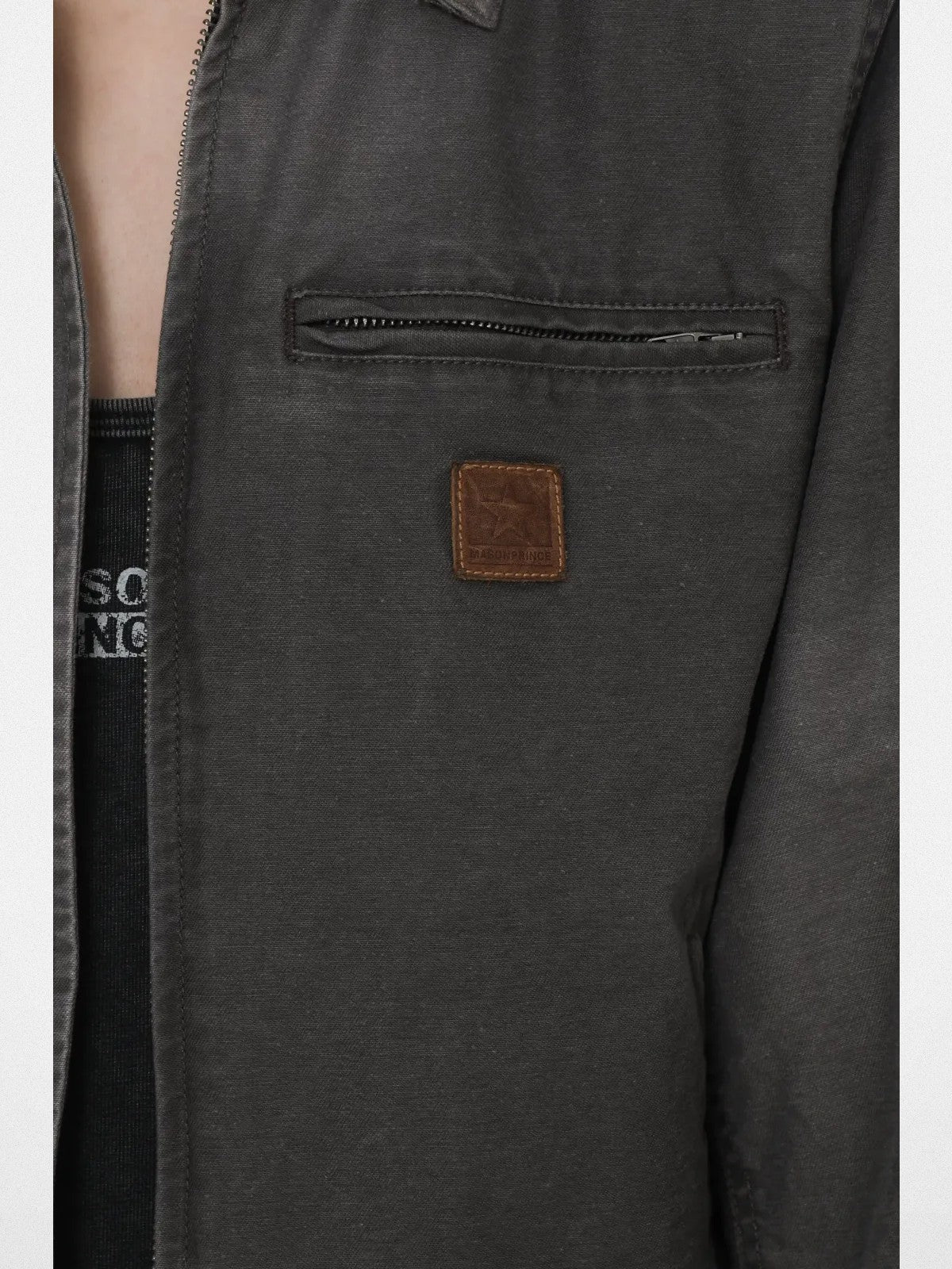 MasonPrince Distressed Cotton Workwear Jacket in Gray - On Model #color_gray