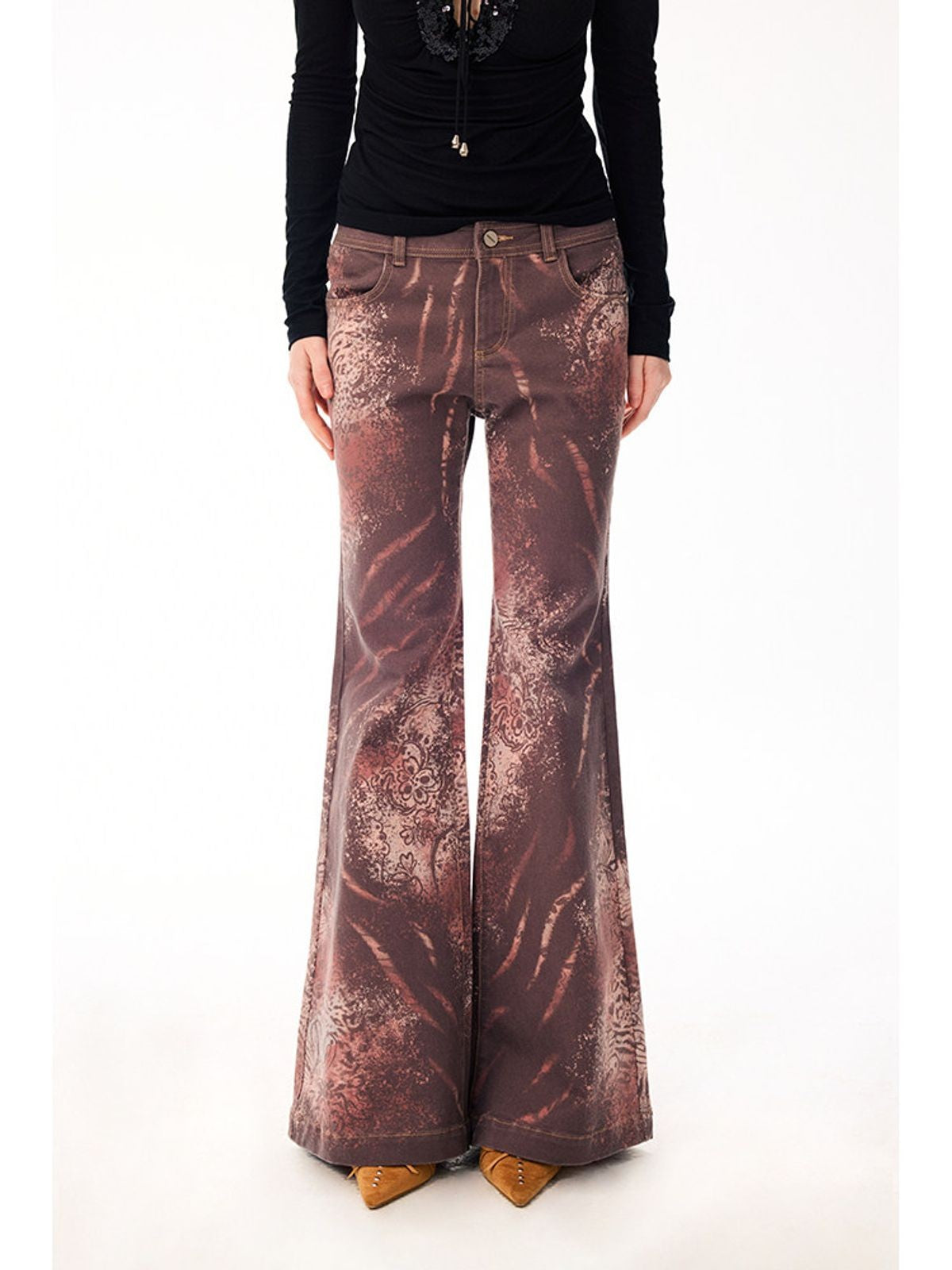 BeerBro Lyocell Paisley Micro Flare Pants in Brown - On Model