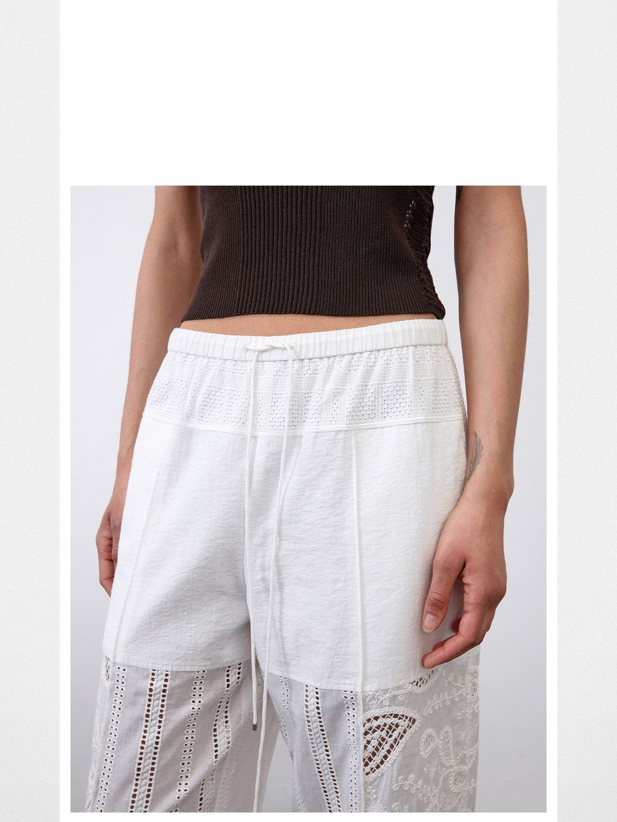 RandomPiece Hollow Out Embroidered Pants in White - On Model