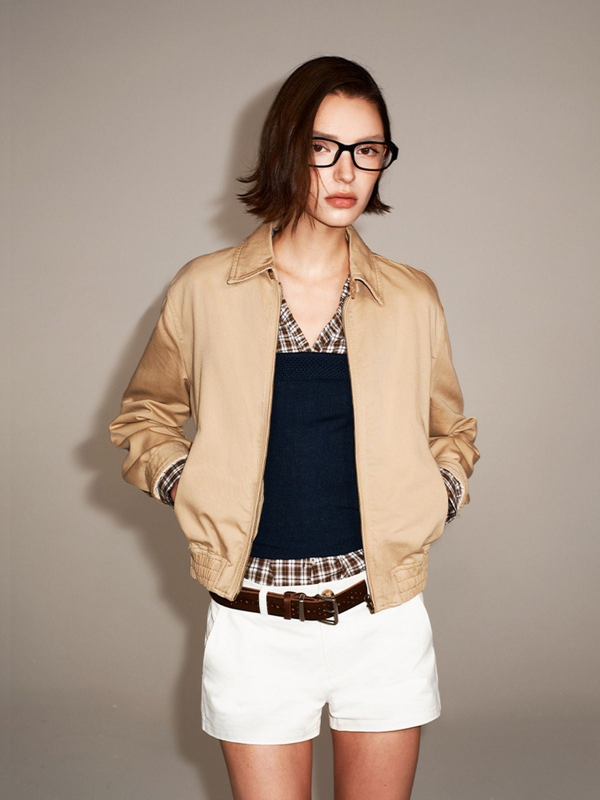 PUKI Washed Cotton Barn Jacket in Khaki - On Model