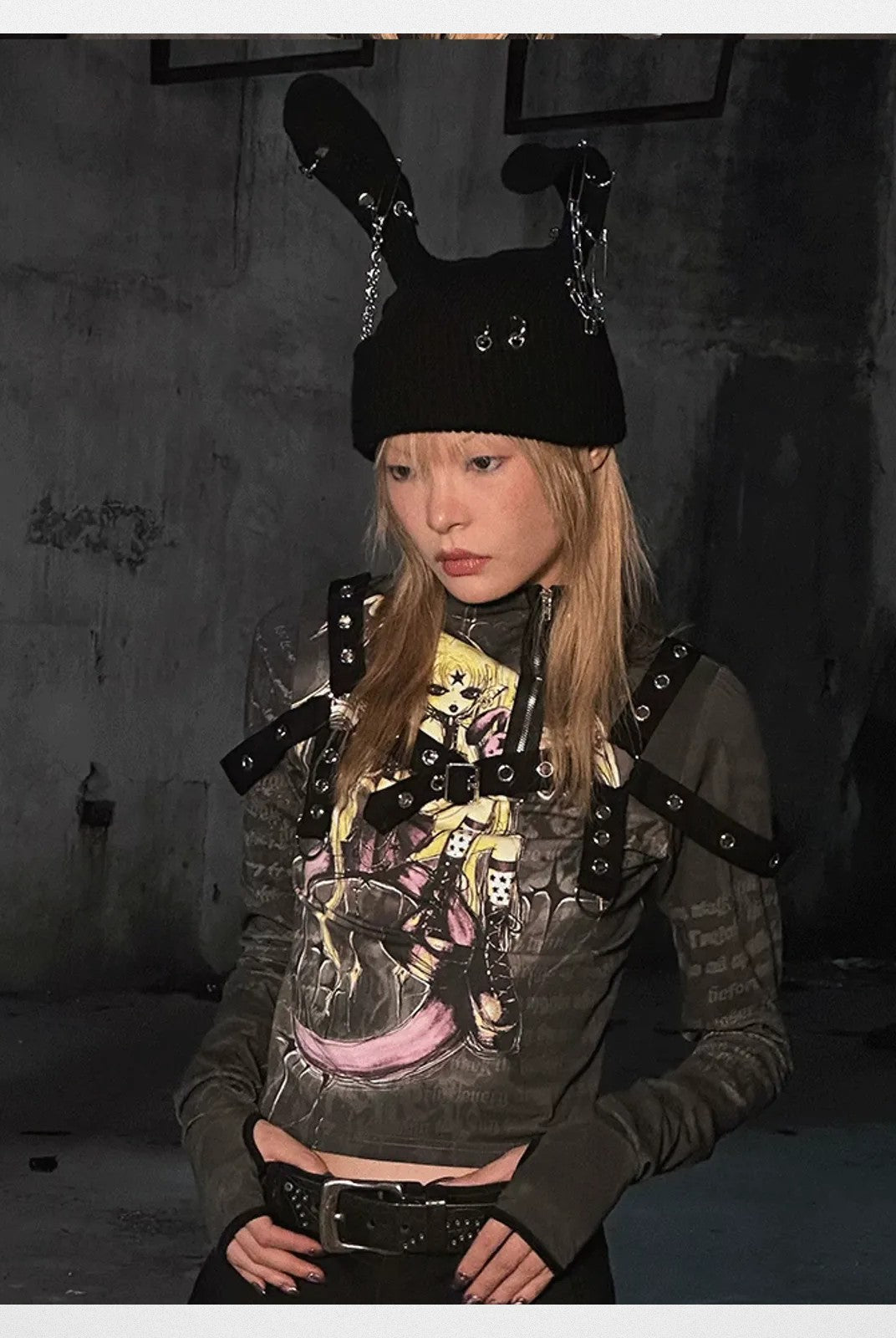 CFIERCE Safety Pin Ribbed Bunny Beanie in Black