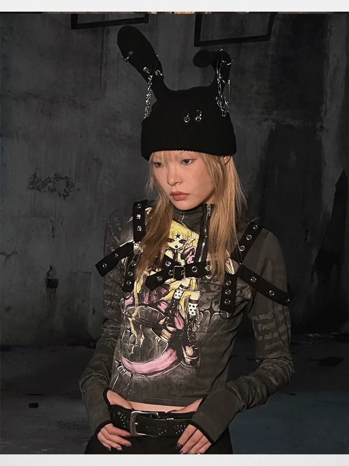 CFIERCE Safety Pin Ribbed Bunny Beanie in Black