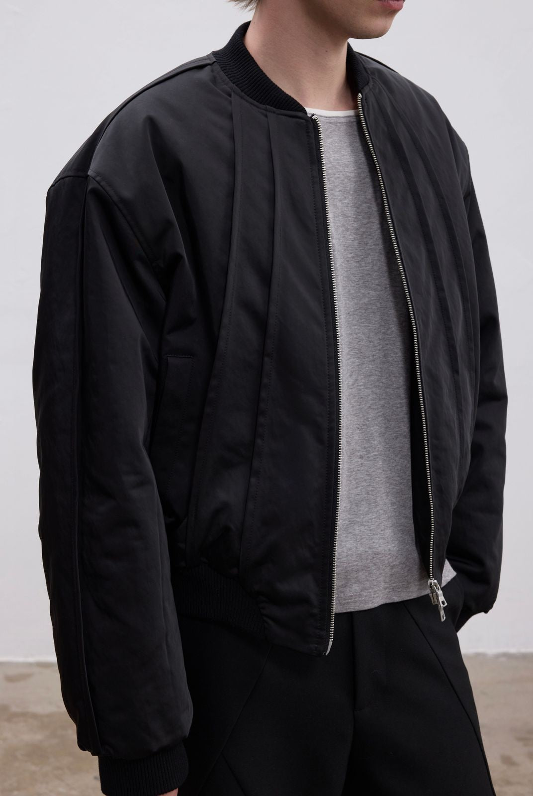 AFterTaste High Density Nylon Split Panel Bomber in Black - On Model