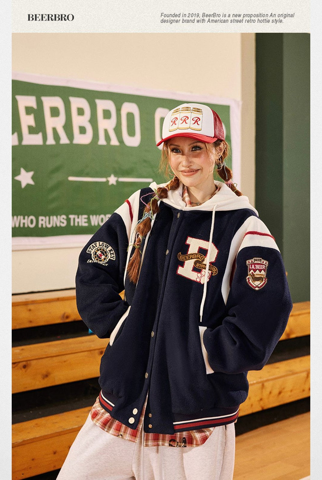 BeerBro Detachable Hood Varsity Jacket in Navy Blue - On Model