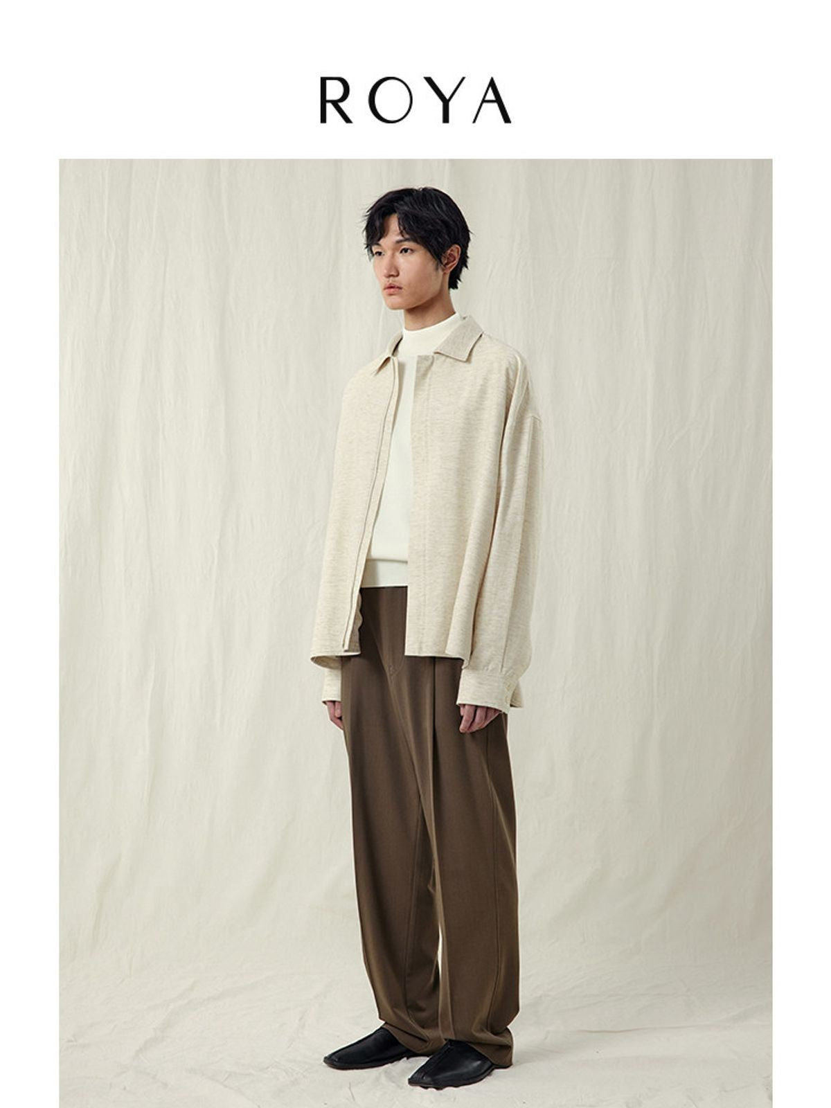 ROYA Linen Cotton Blend Zip Shirt in Apricot - On Model