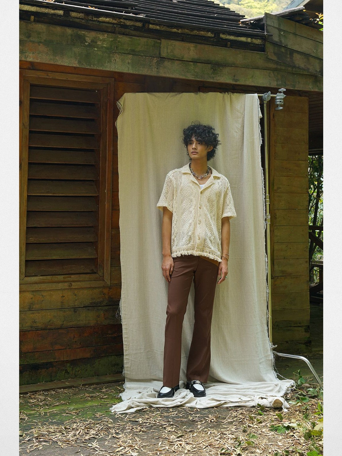 Retro 21 Fringed Lace Knit Cuban Collar Shirt in White - On Male Model