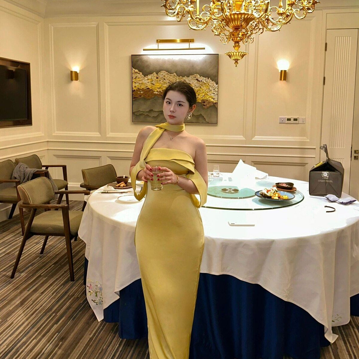 1S STUDIO Acetate Satin Strapless Dress in Yellow - On Model