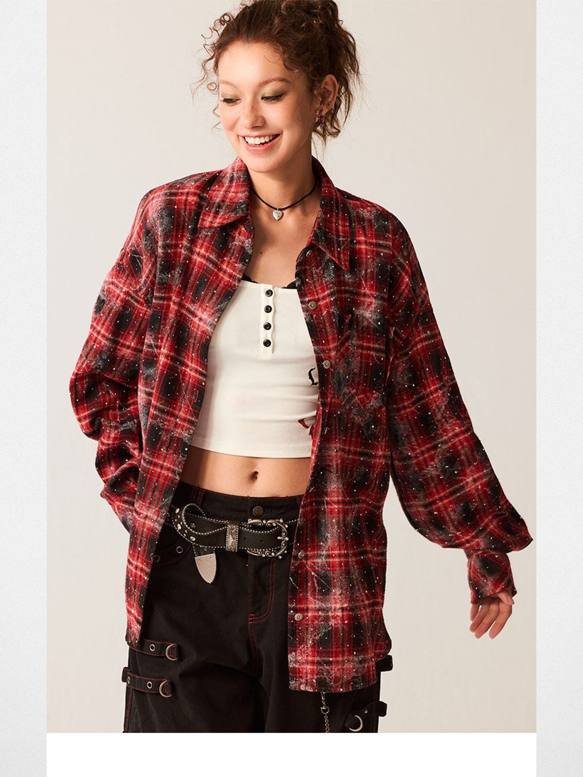 Beer Bro Rhinestone Plaid Shirt Jacket in Black - On Model