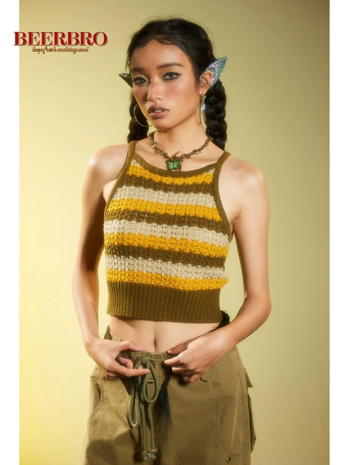 BeerBro Striped Open Knit Halter Top in Olive - On Model