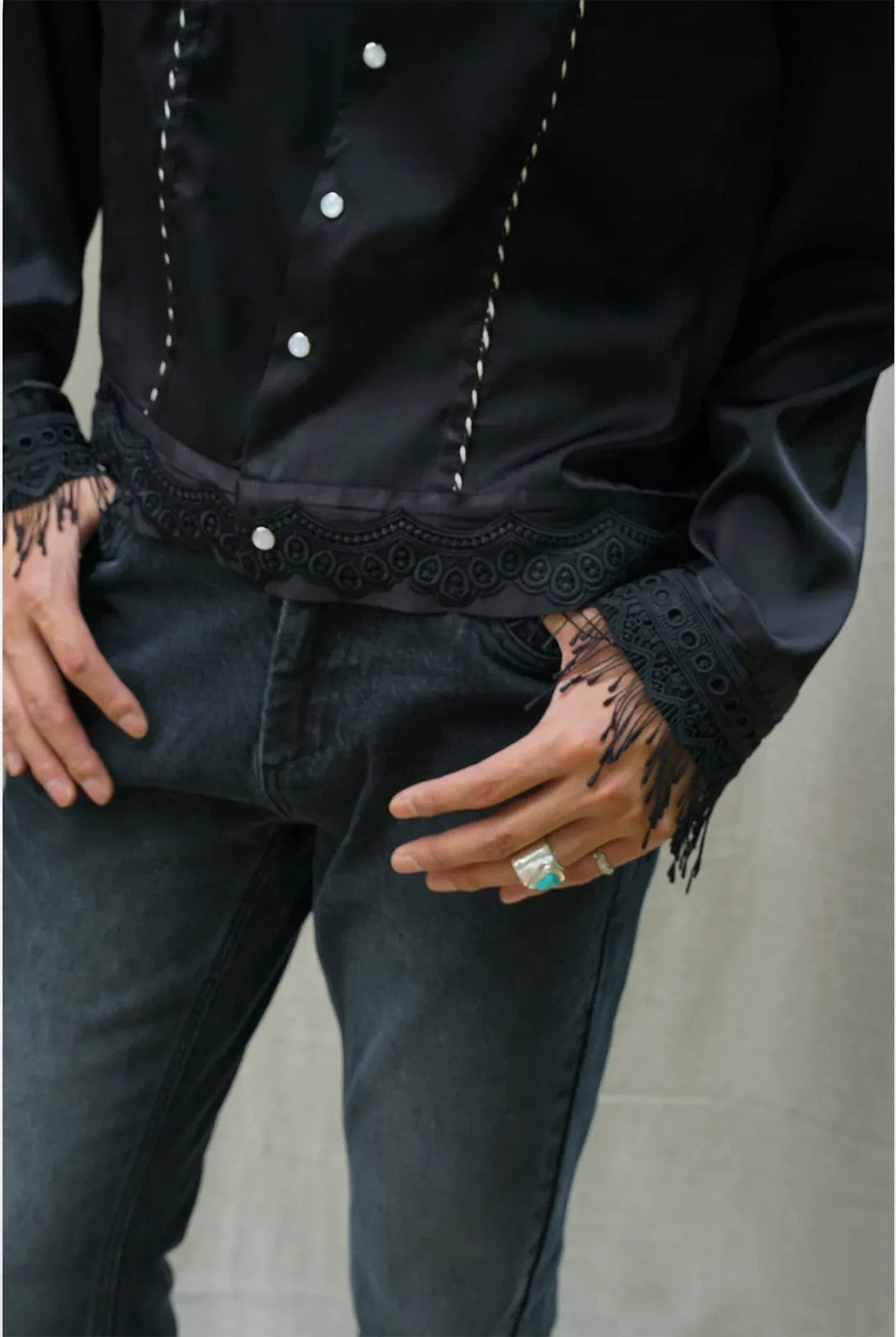 Retro 21 Lace Tassel Shirt Jacket in Black - Detail