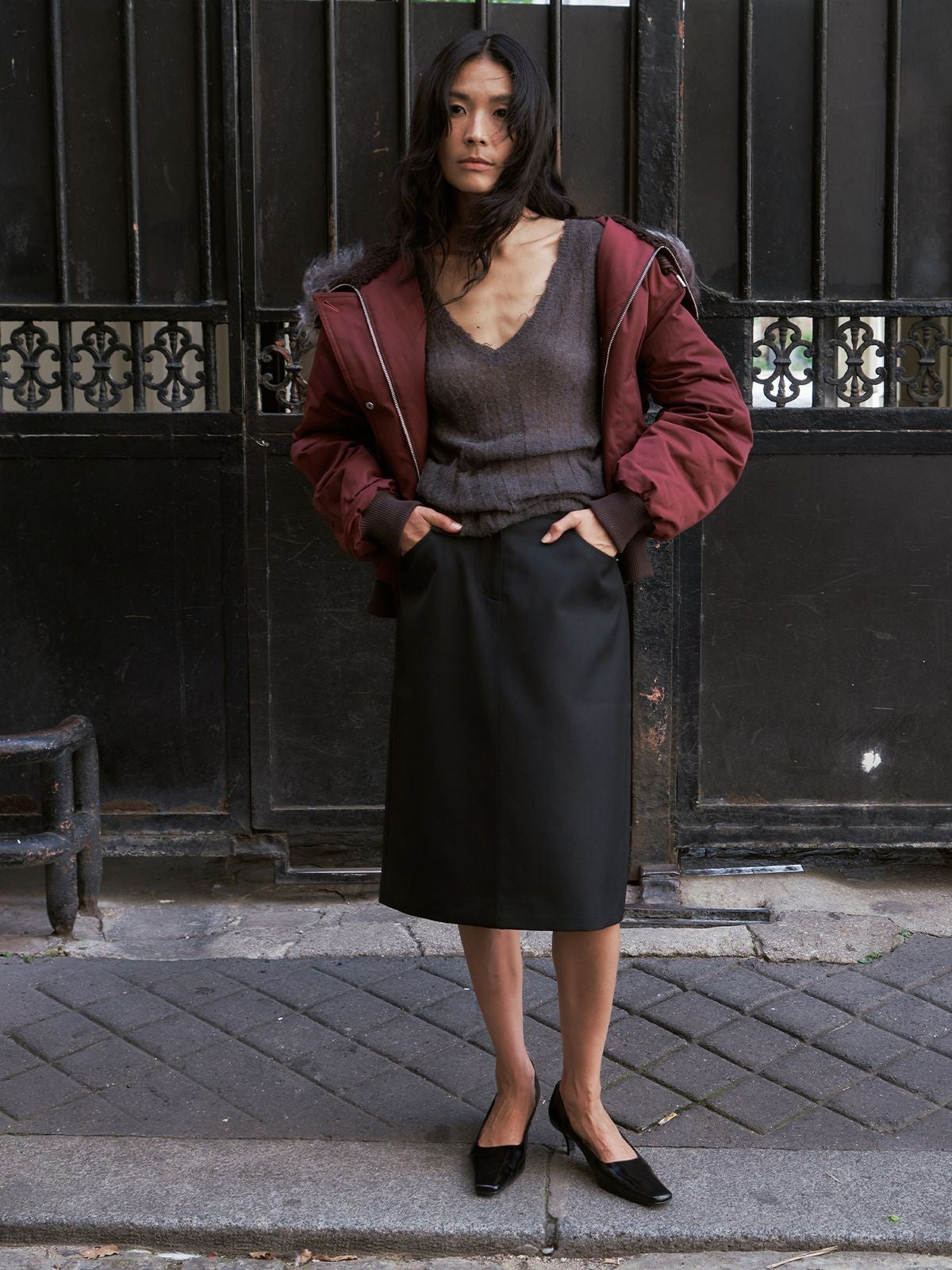 RandomPiece Short Hooded Duck Down Bomber in Burgundy - Lifestyle