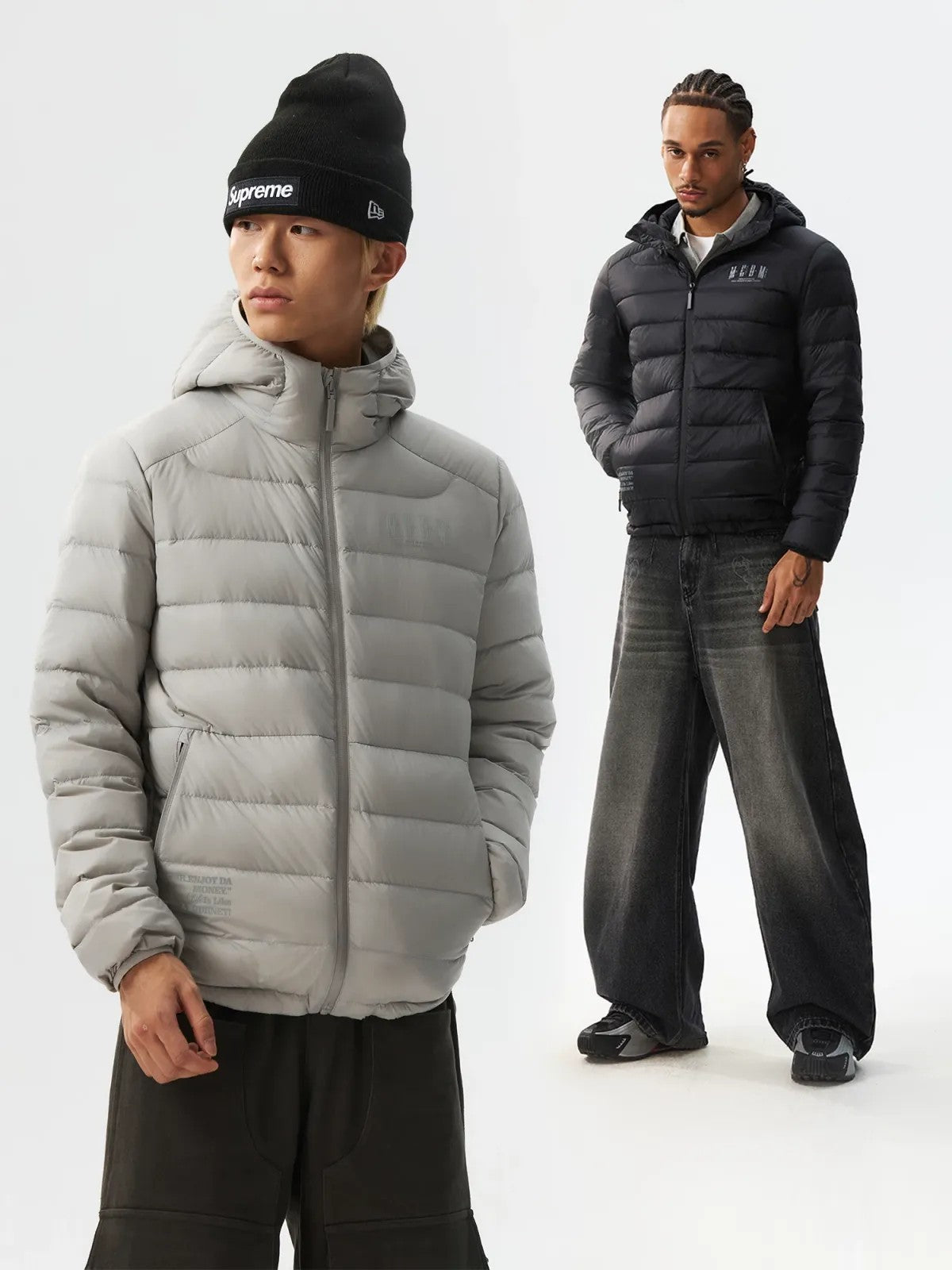 MEDM Waterproof Goose Down Hooded Puffer in Gray - On Male Model