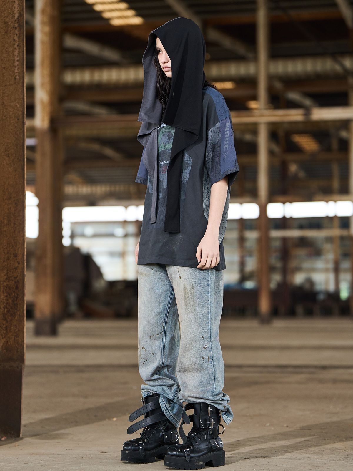 BLINDNOPLAN Distressed Ink Splatter Flare Jeans in Blue - On Model