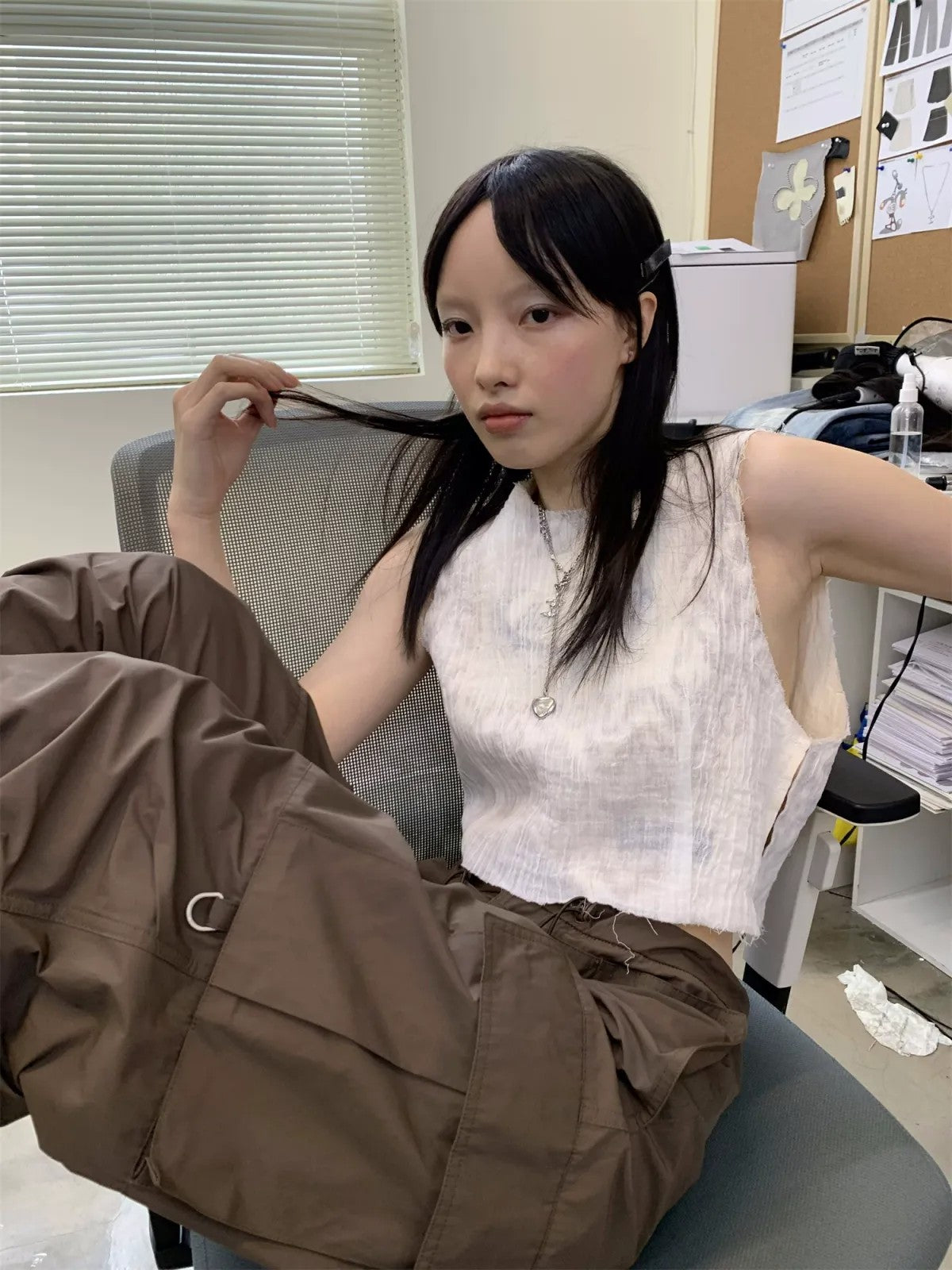 NeverSeez Accordion Pocket Wide Leg Cargo Pants in Brown - On Female Model