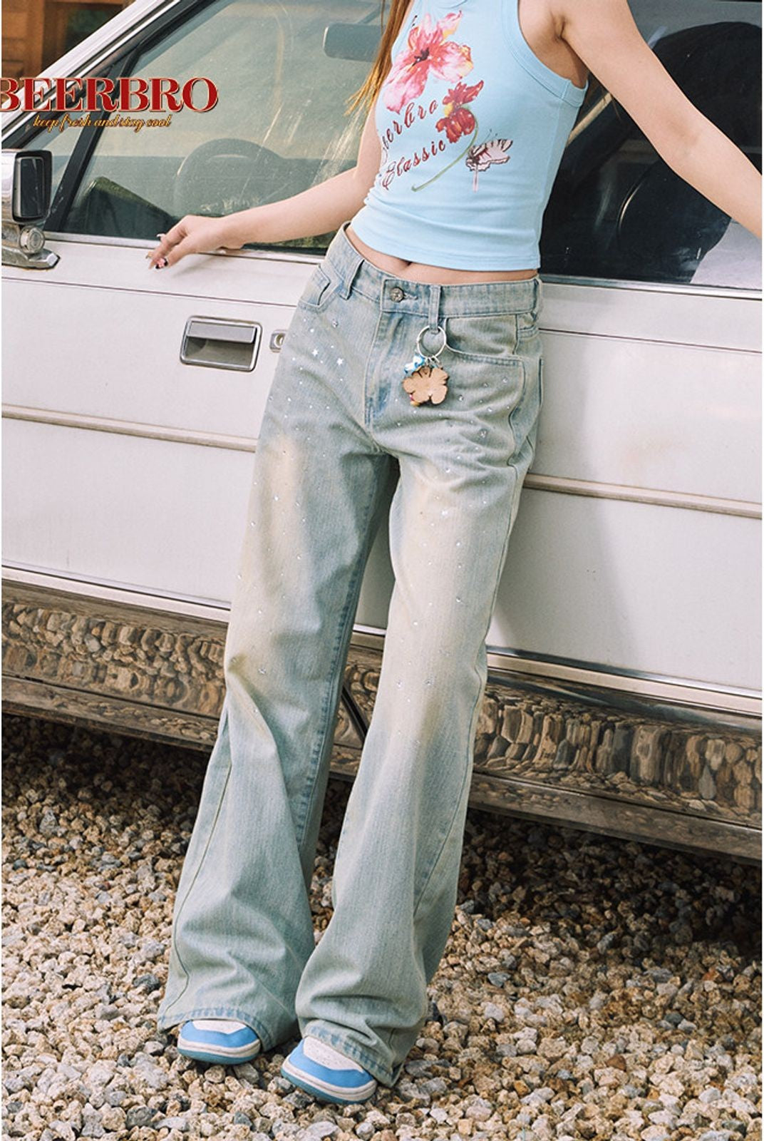 BeerBro Rhinestone Wide Leg Jeans in Blue - On Model