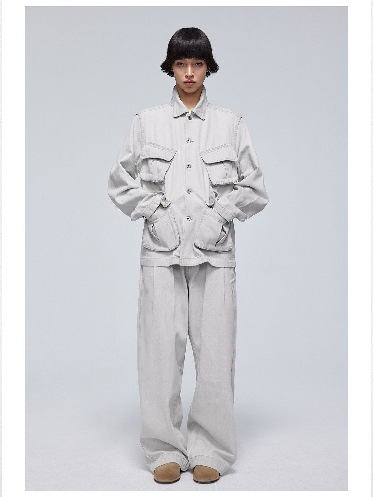 Simple Project Washed Four Pocket Denim Jacket in White - On Female Model