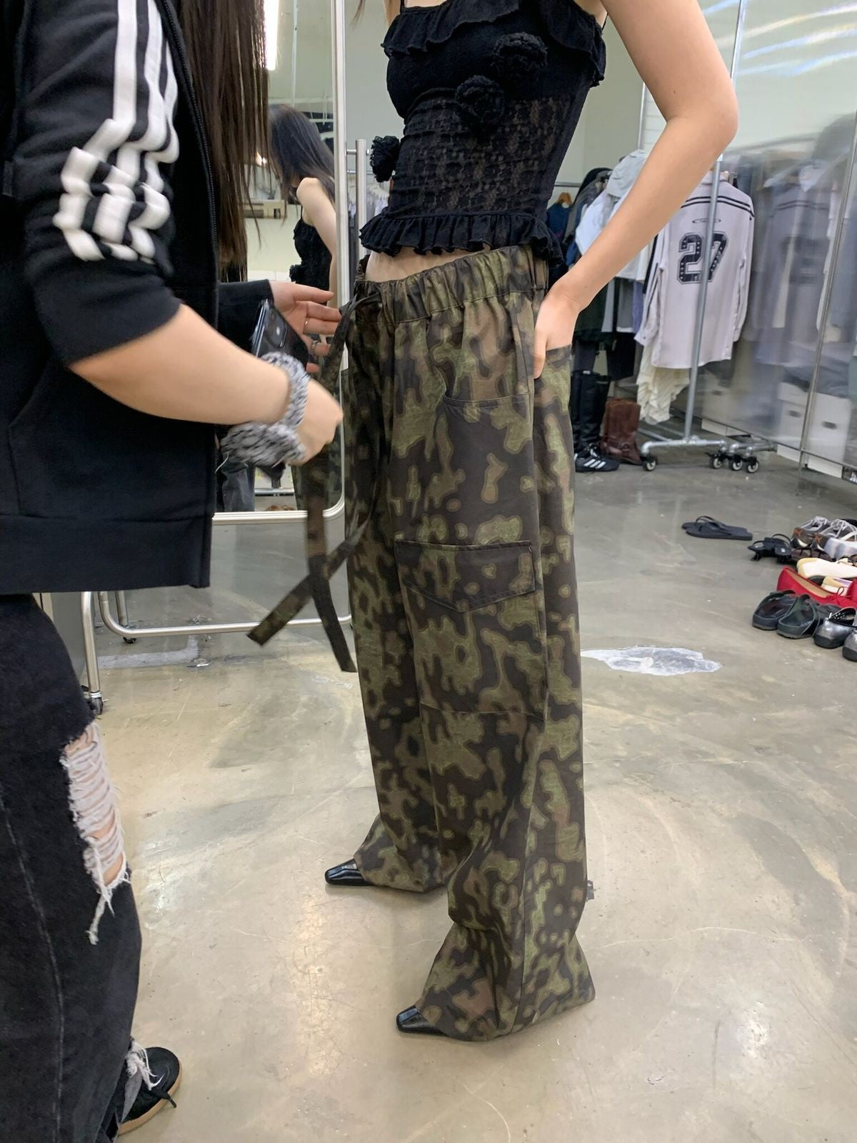 NeverSeez Quick Dry Wide Leg Trousers in Camouflage - On Female Model