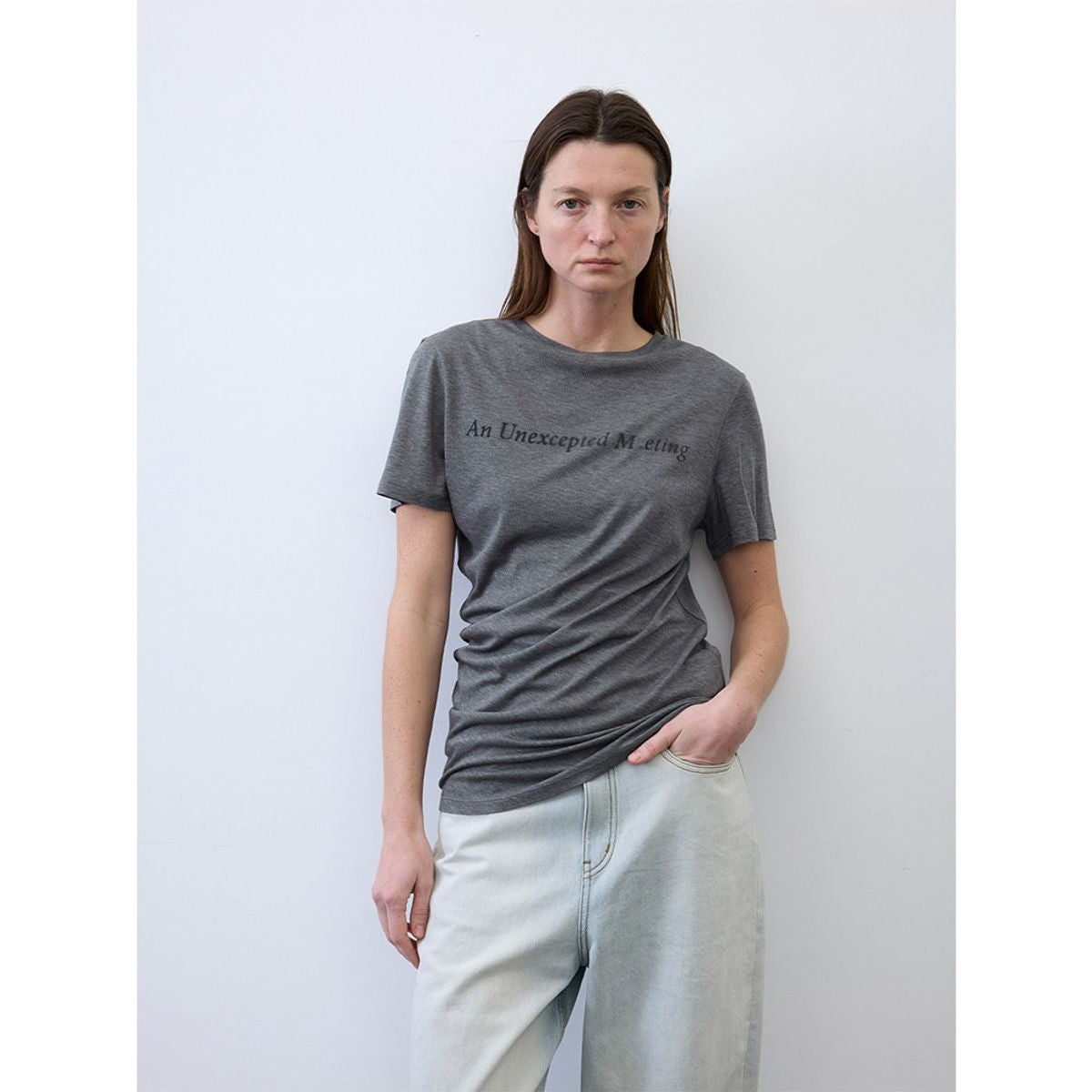 RandomPiece Silk Blend Graphic T Shirt in Gray - On Model