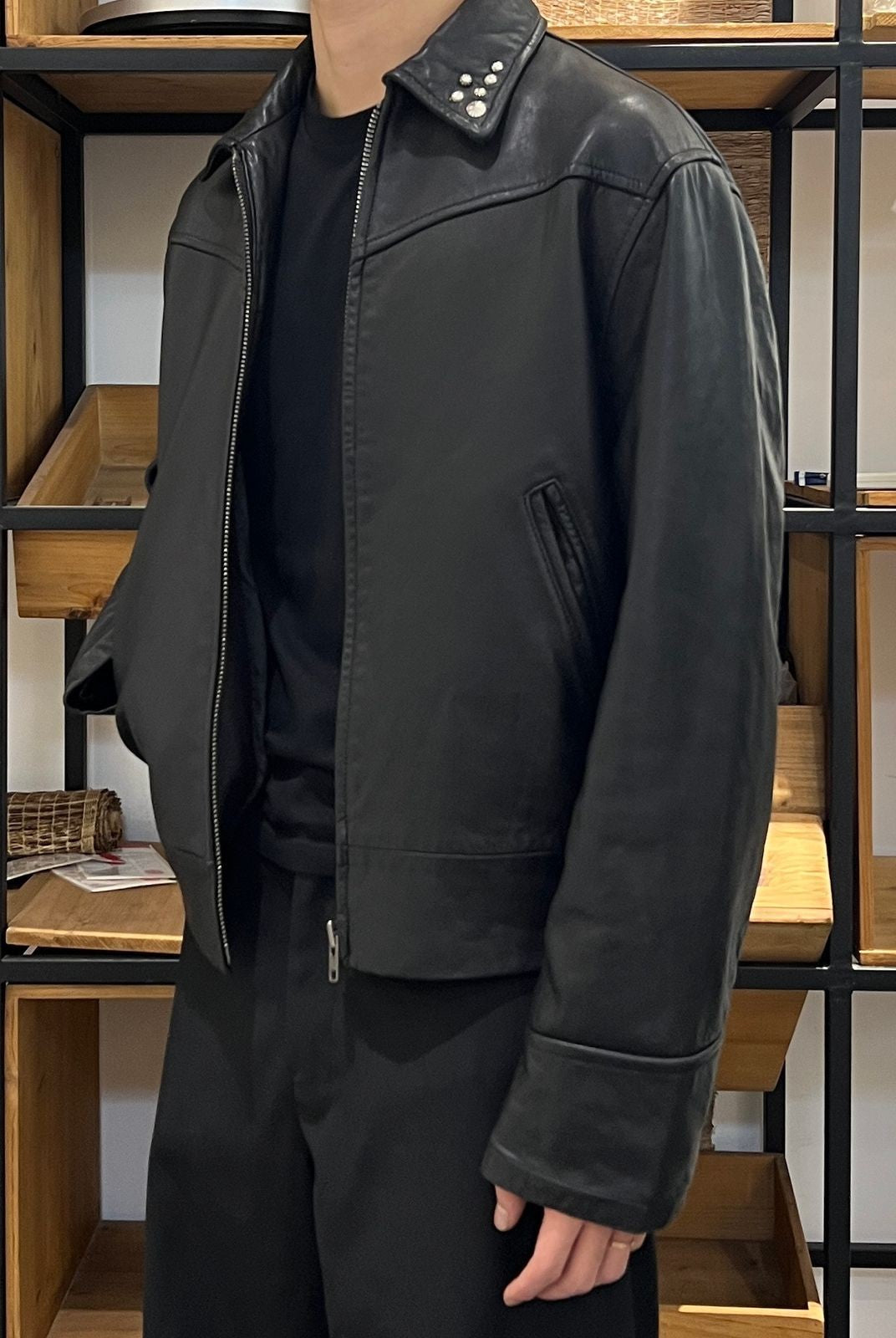 AFterTaste Studded Lambskin Leather Jacket in Black - On Model