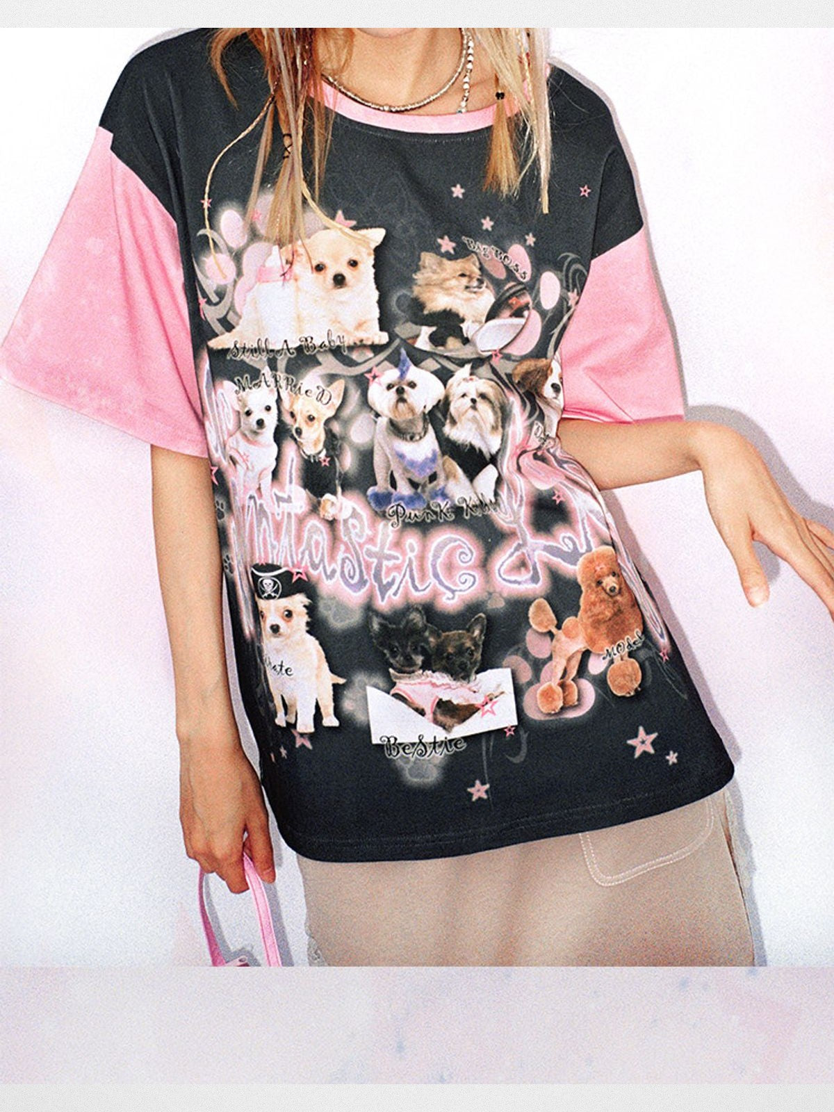 CFIERCE Dog Graphic Contrast Oversized Tee in Gray - On Model