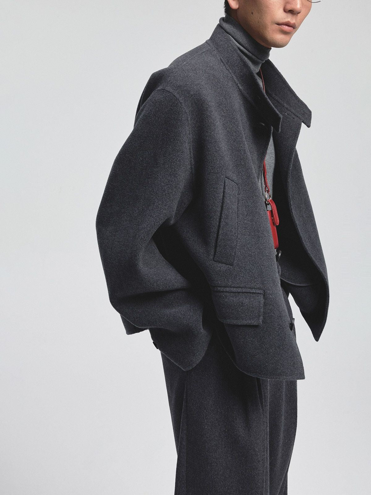 NANS Wool Cashmere Stand Collar Jacket in Gray - On Model