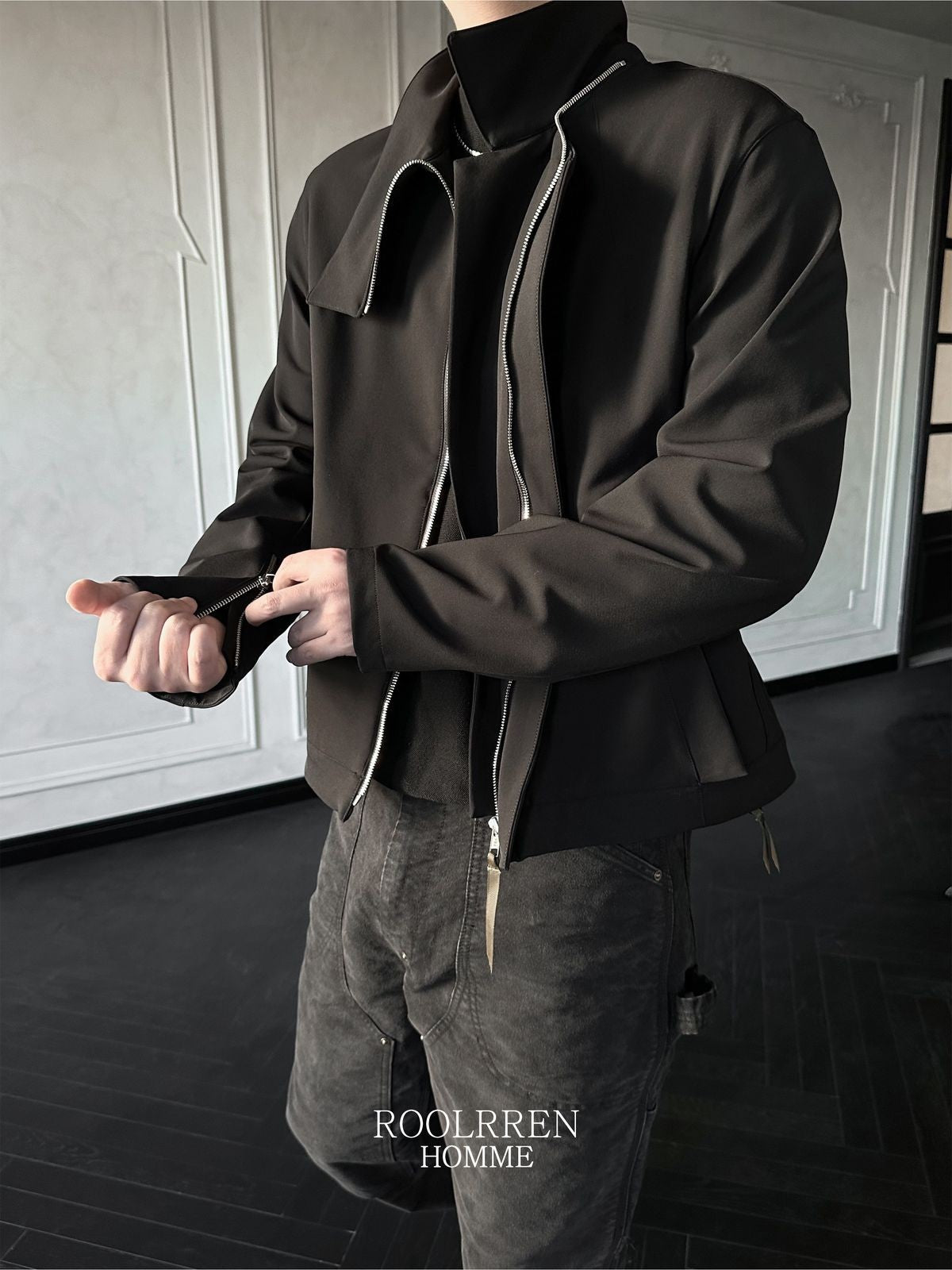 Roolrren Homme Solotex Stand Collar Tech Jacket in Black - On Model