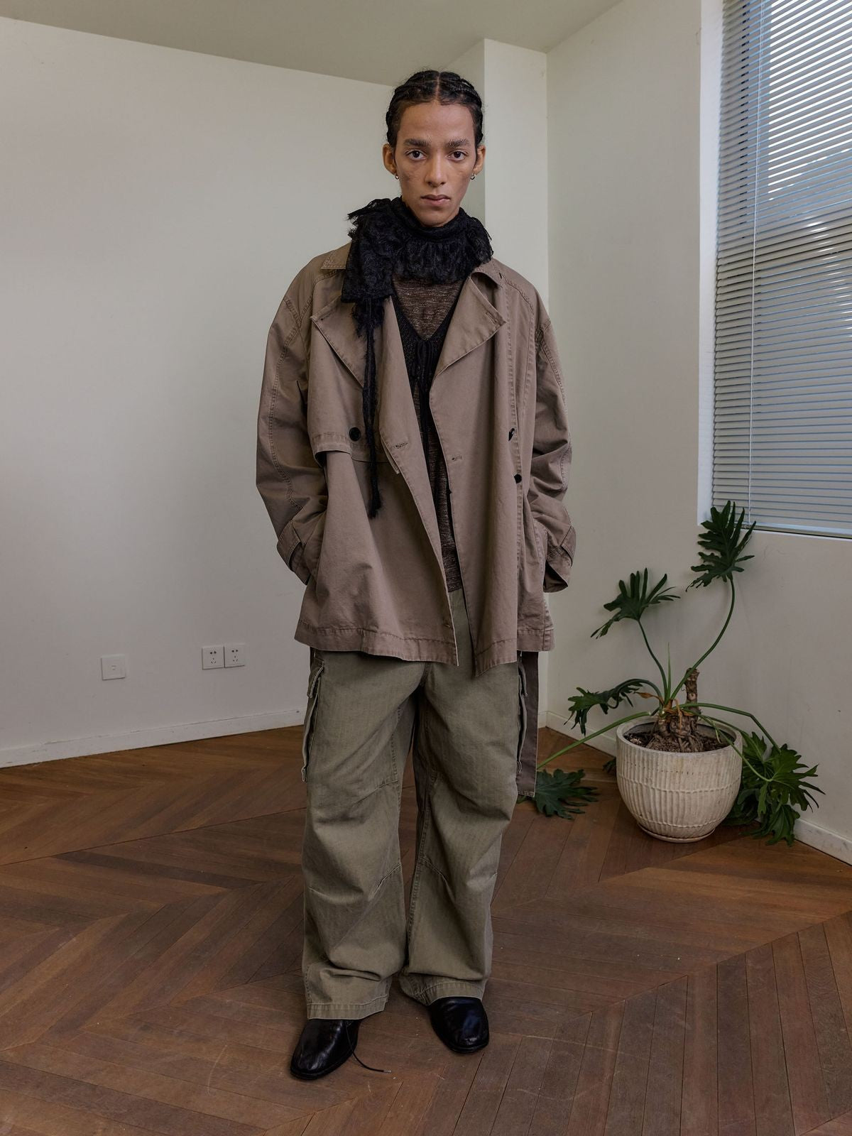 NeverSeez Washed Layered Collar Short Trench in Khaki - On Male Model