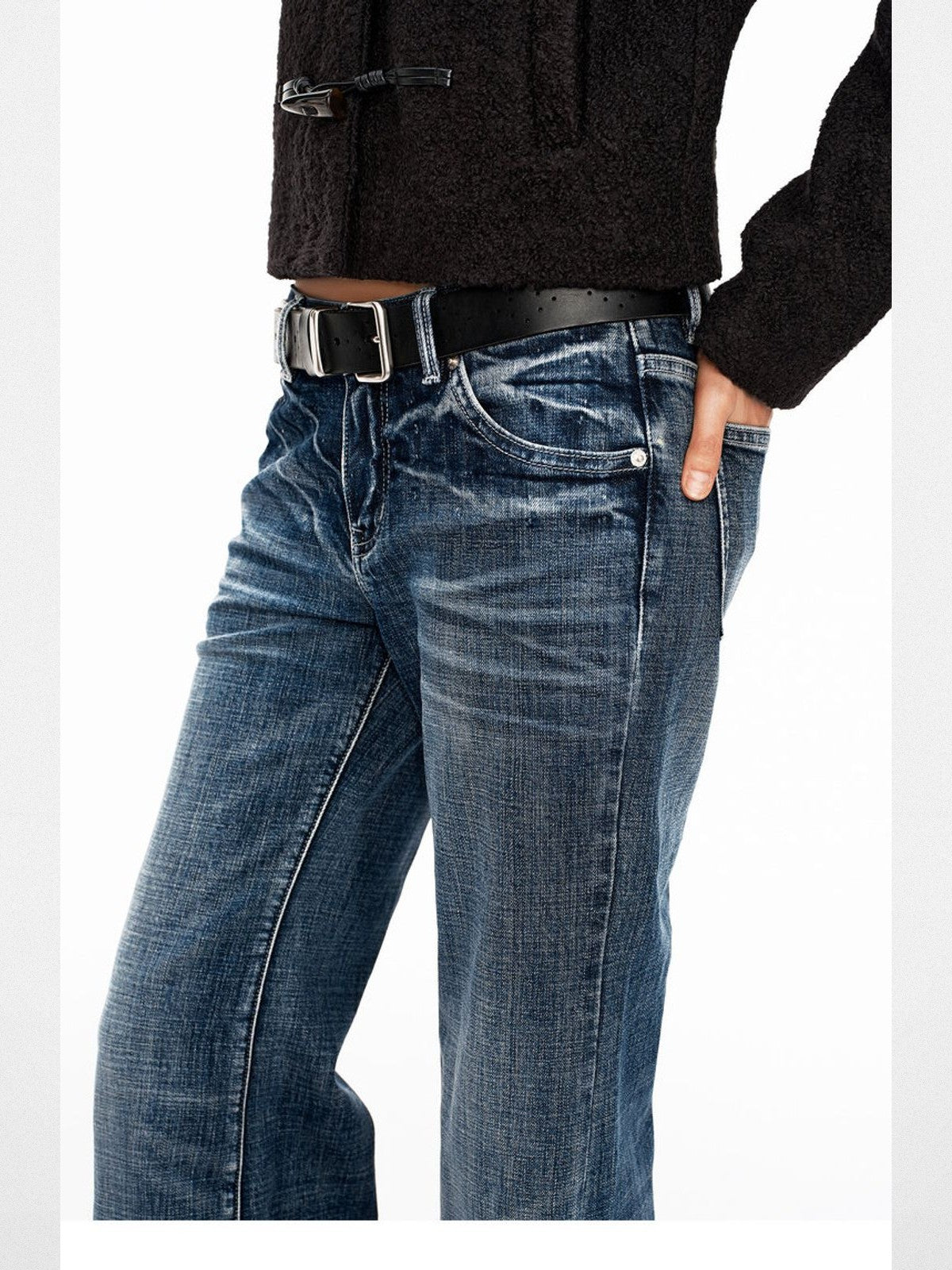 PUKI 12oz Vintage Wash Micro Flare Jeans in Navy - On Model