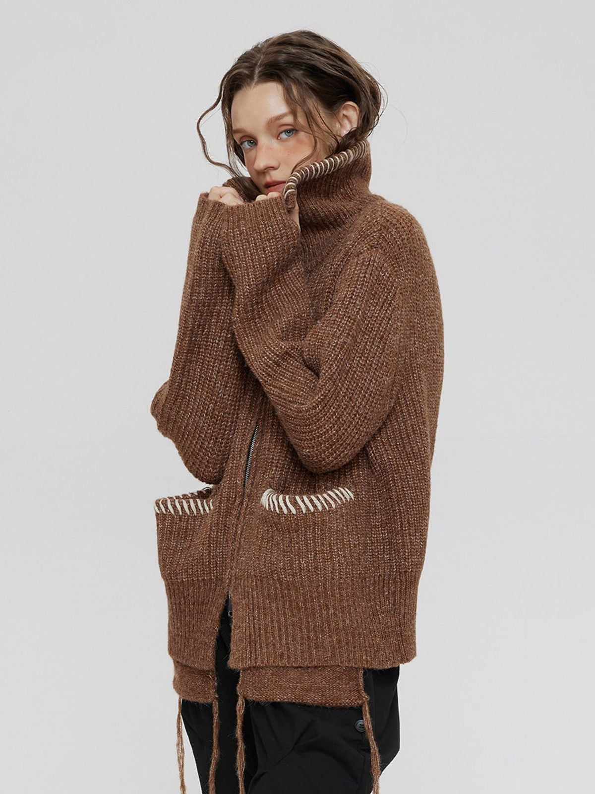 LOSTCTRL Double Zip Embroidered Cardigan in Brown - On Model