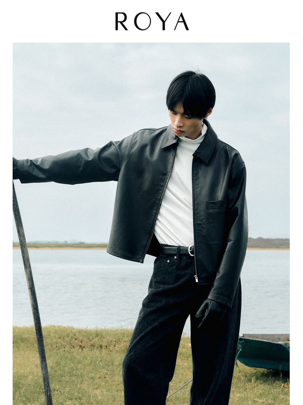 ROYA Calfskin Leather Zip Jacket in Black - On Model