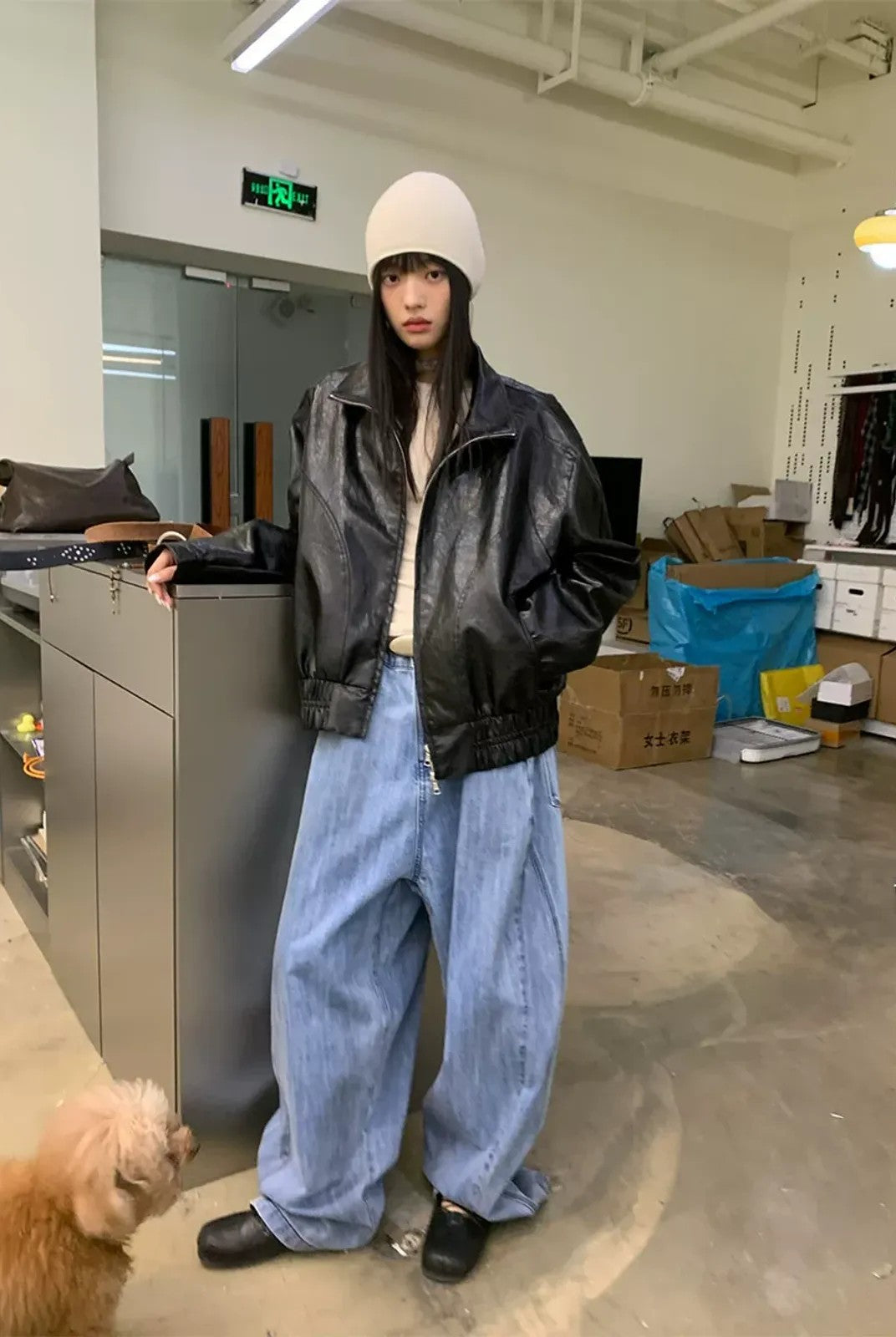 NeverSeez Stand Collar Faux Leather Jacket in Black - On Model