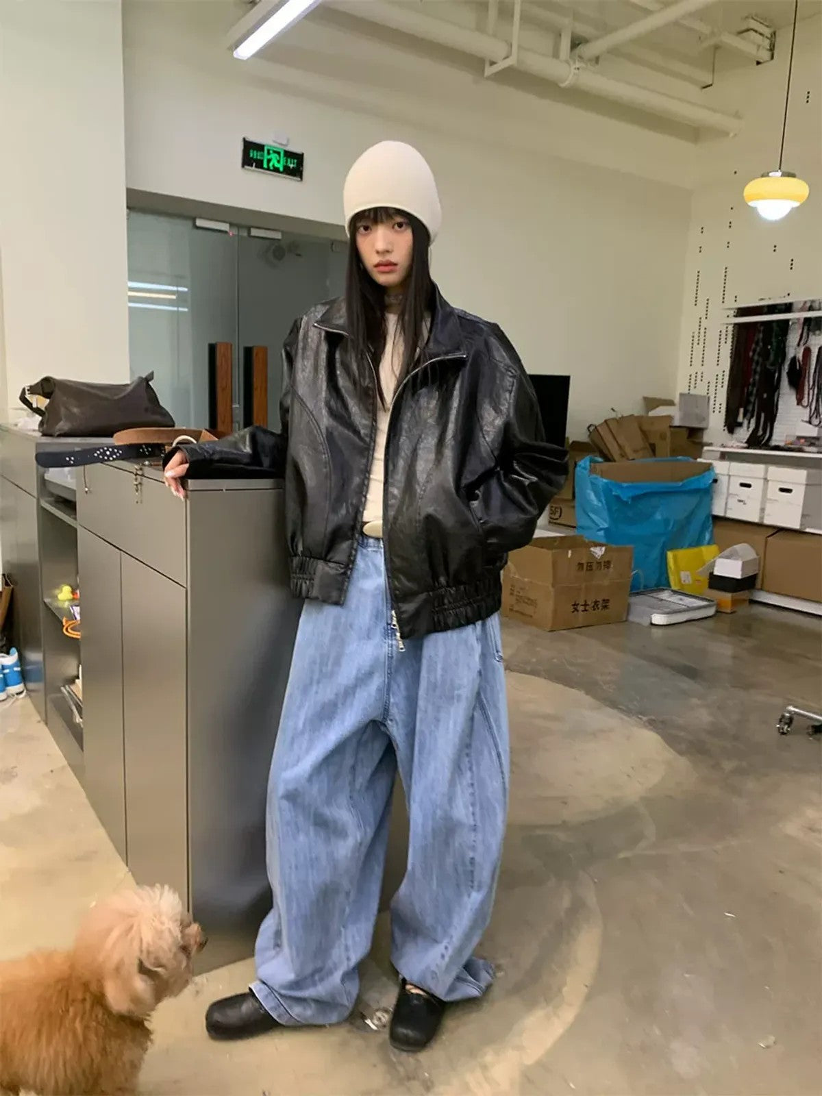 NeverSeez Stand Collar Faux Leather Jacket in Black - On Female Model