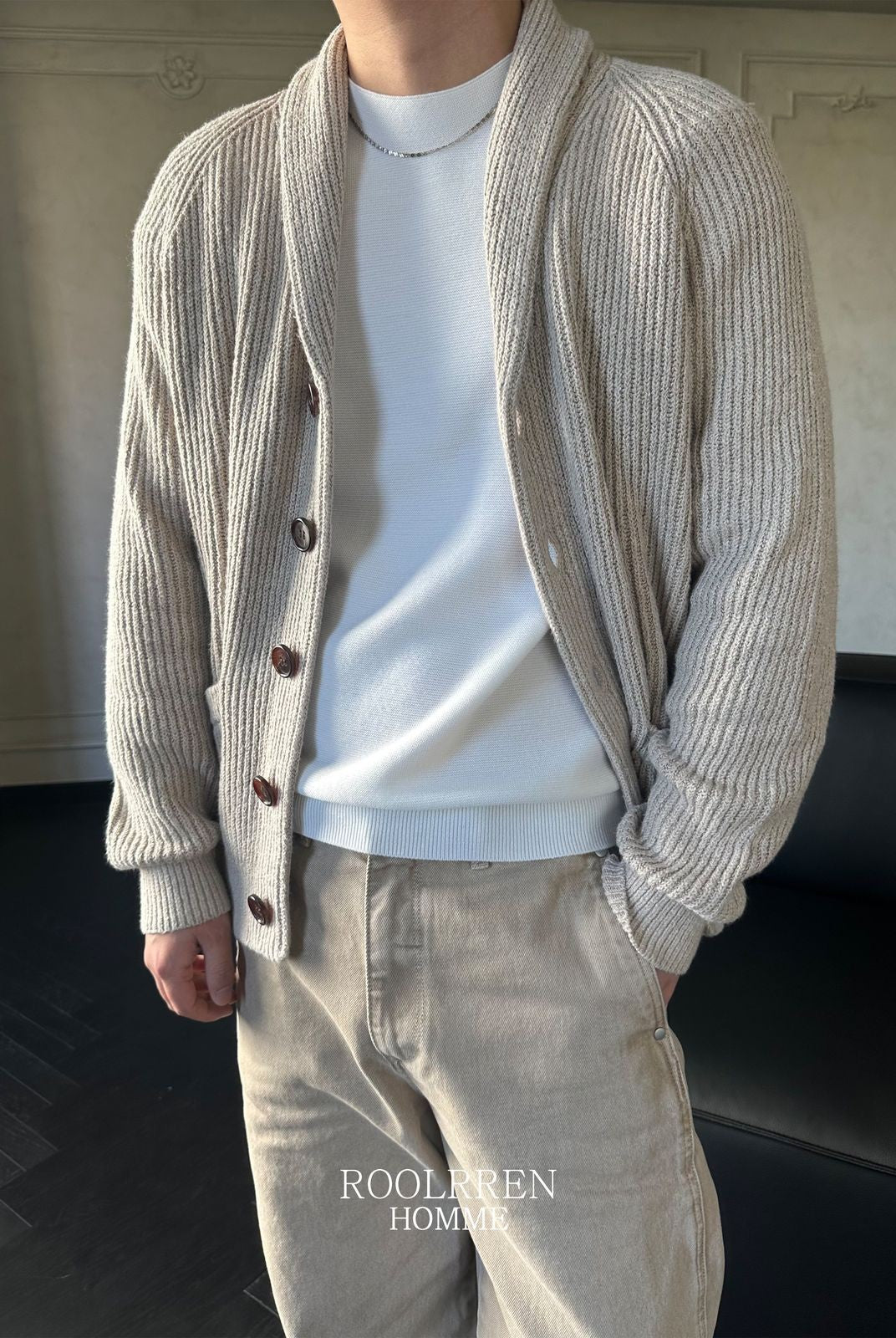 Roolrren Homme Shawl Collar Cotton Blend Cardigan in Beige - On Model