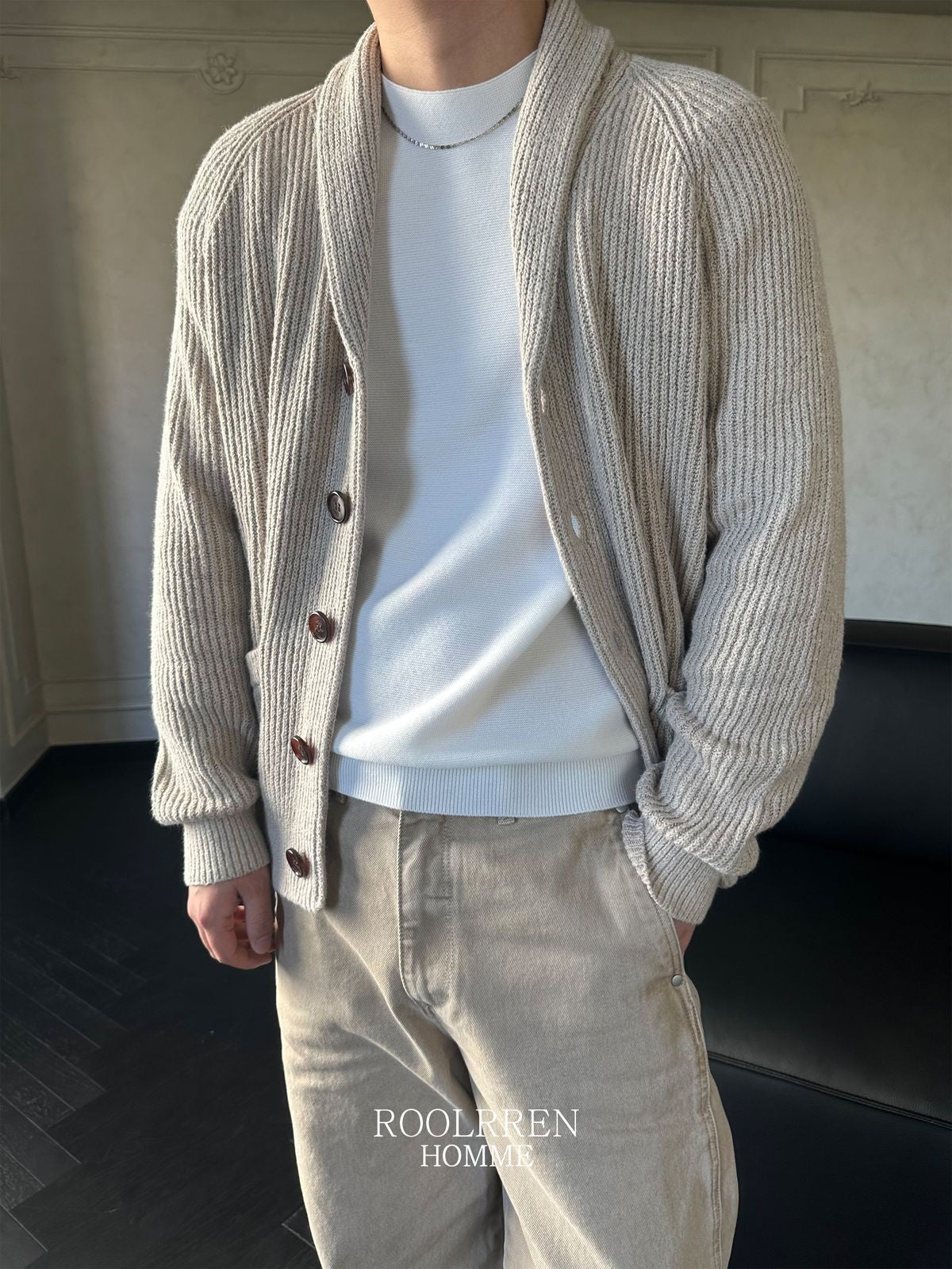 Roolrren Homme Shawl Collar Cotton Blend Cardigan in Beige - On Model