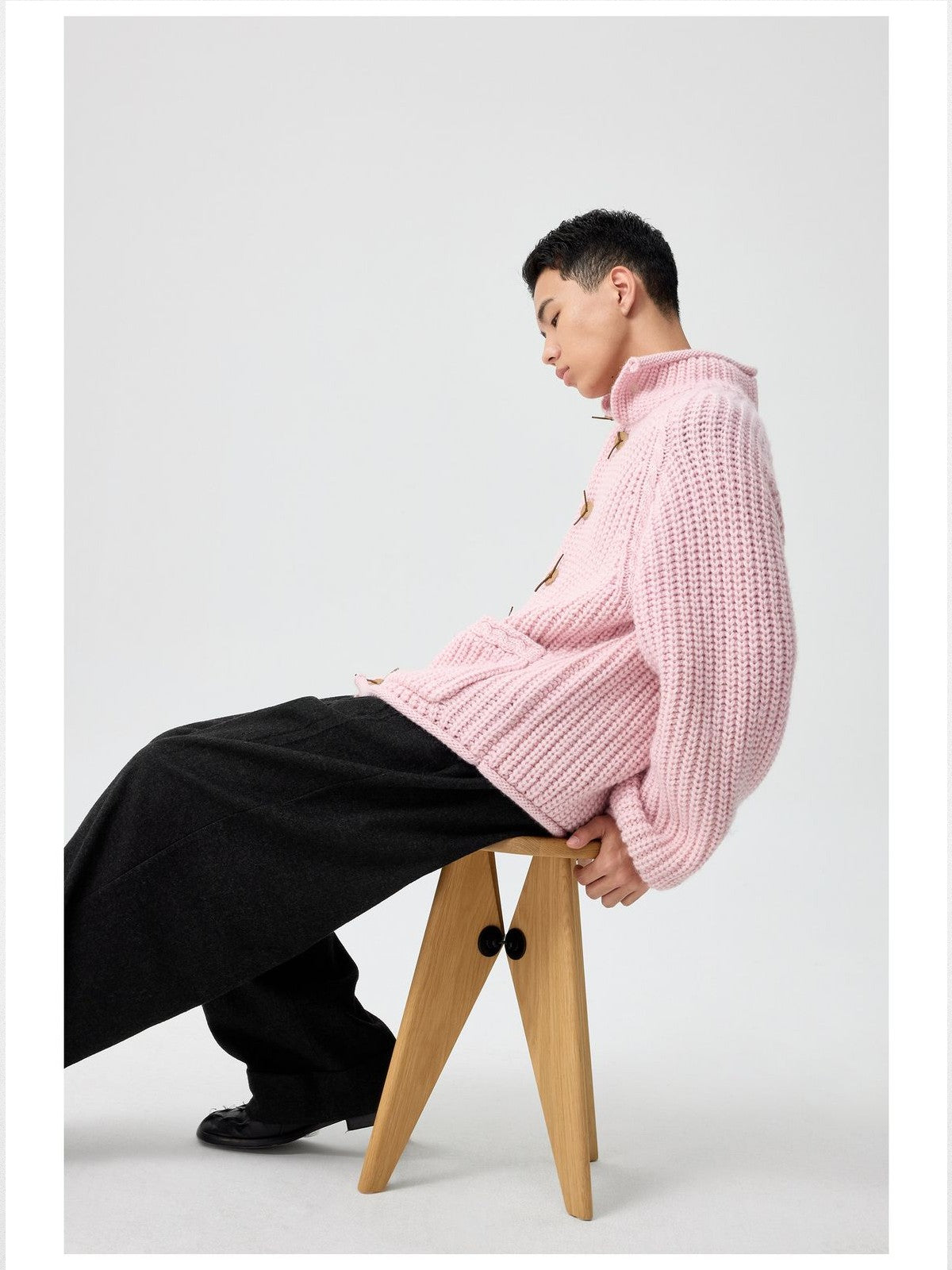 Simple Project Chunky Wool Blend High Neck Cardigan in Pink - On Male Model