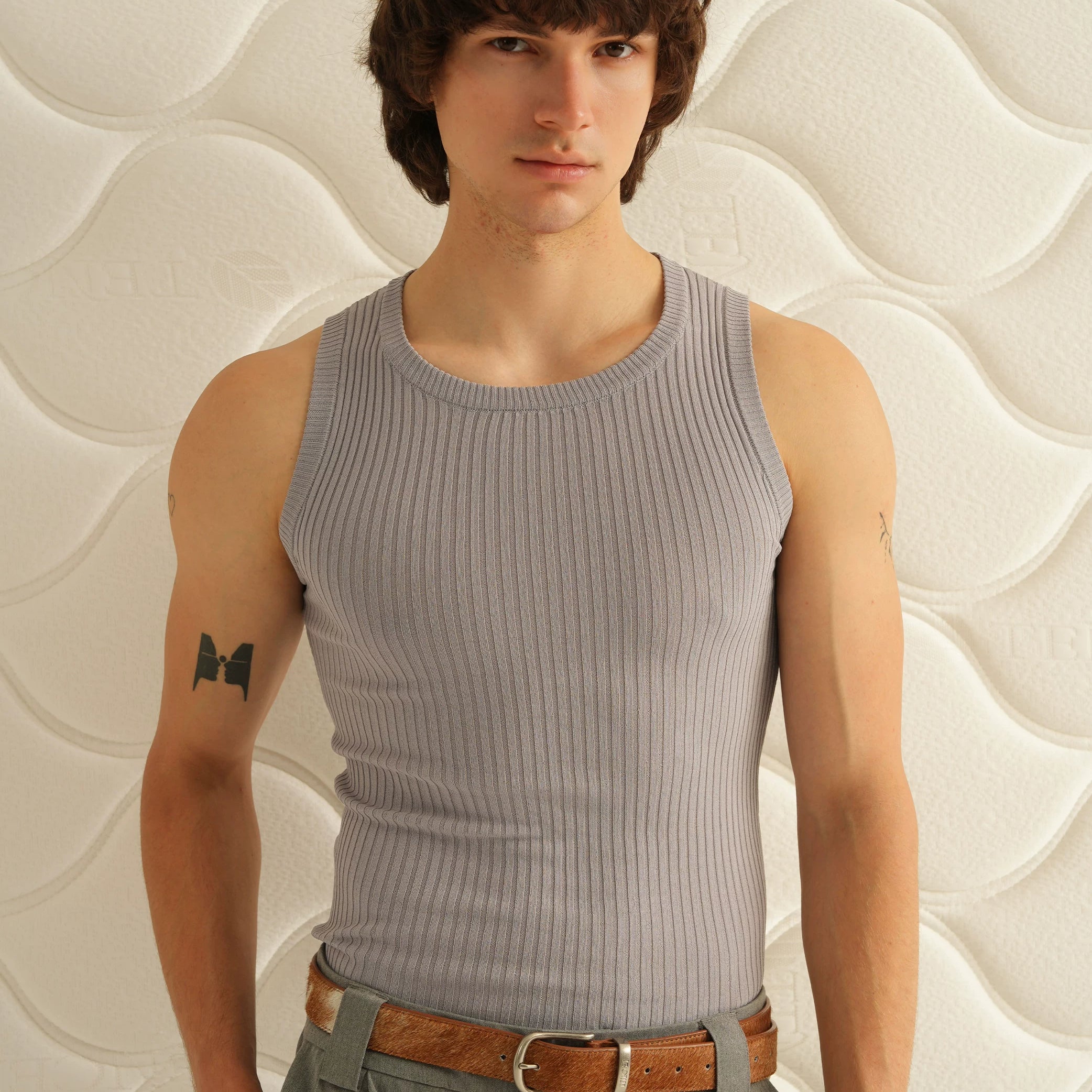 Retro 21 Ribbed Knit Viscose Tank Top in Gray - On Model