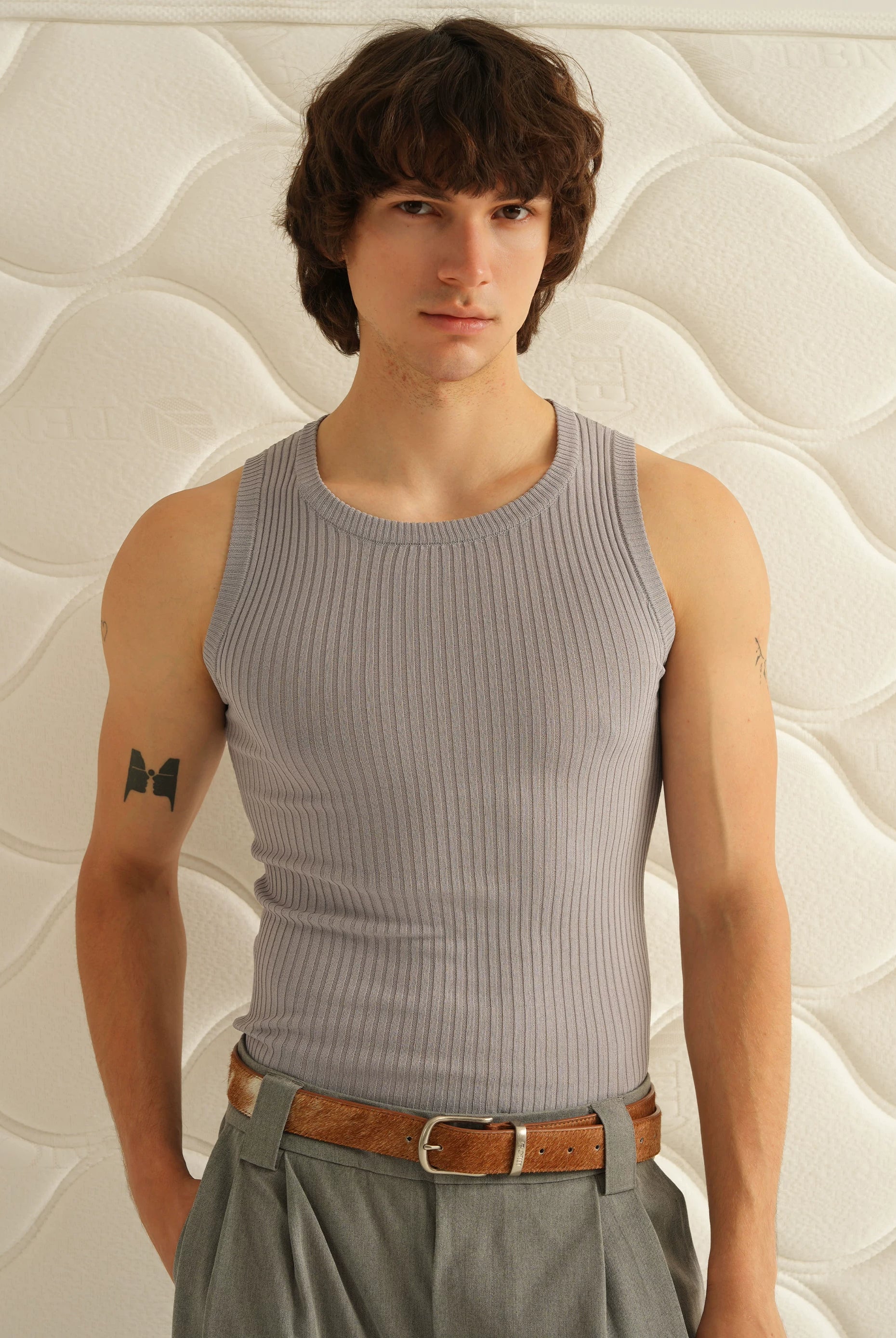 Retro 21 Ribbed Knit Viscose Tank Top in Gray - On Model